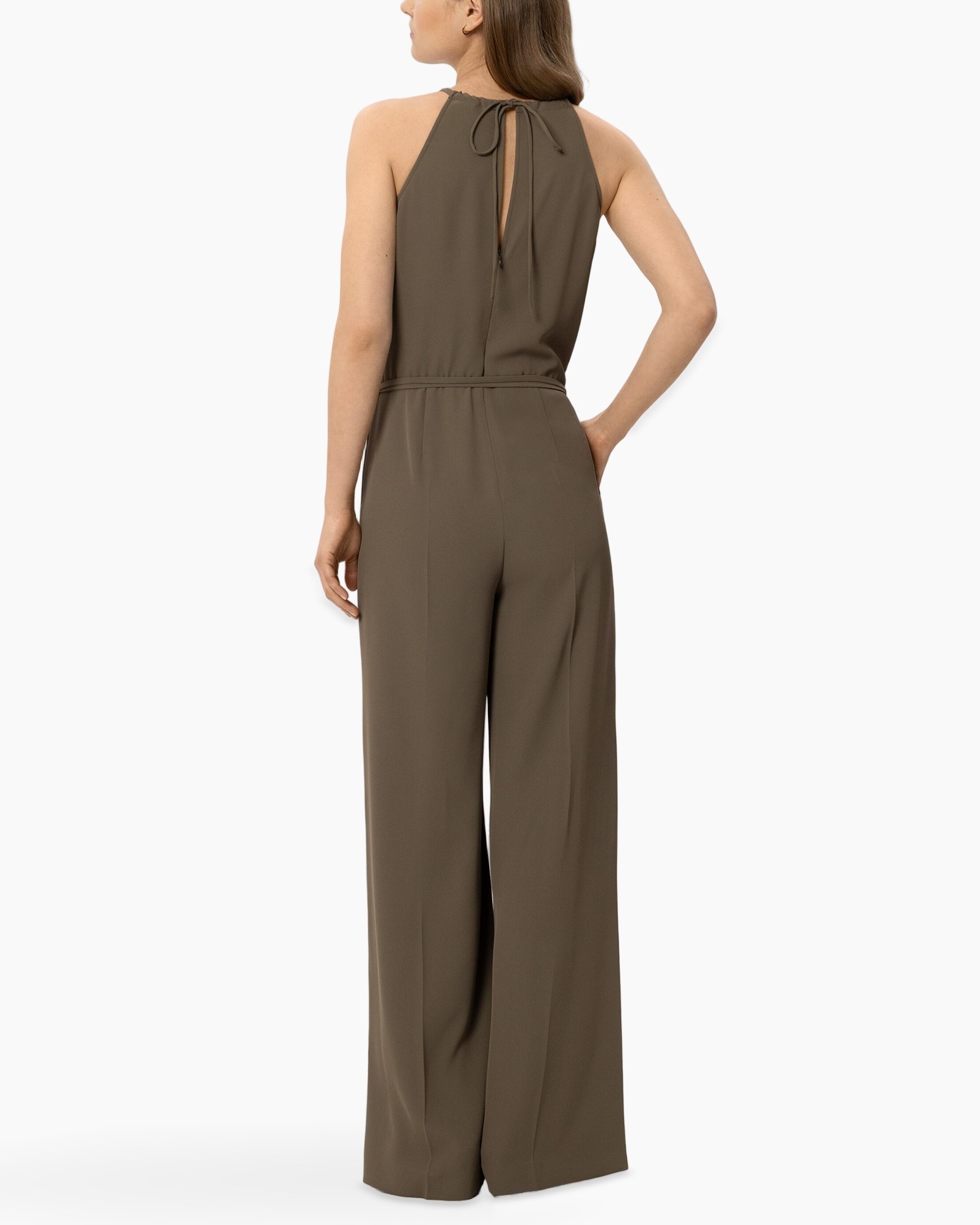 jumpsuit, rugelzak sluiting achterzijde, wijdneusrug, mouwloos, olijf groen