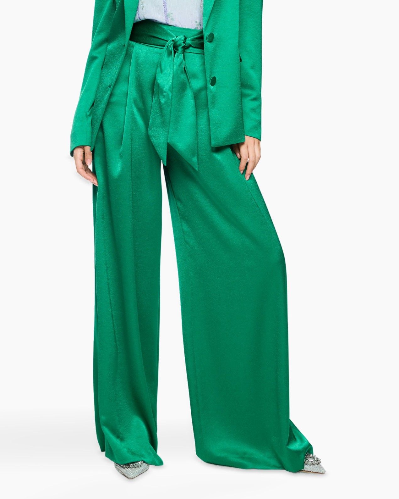 groen, wijden-pijpen broek, palazzo, satijn, koord-taille