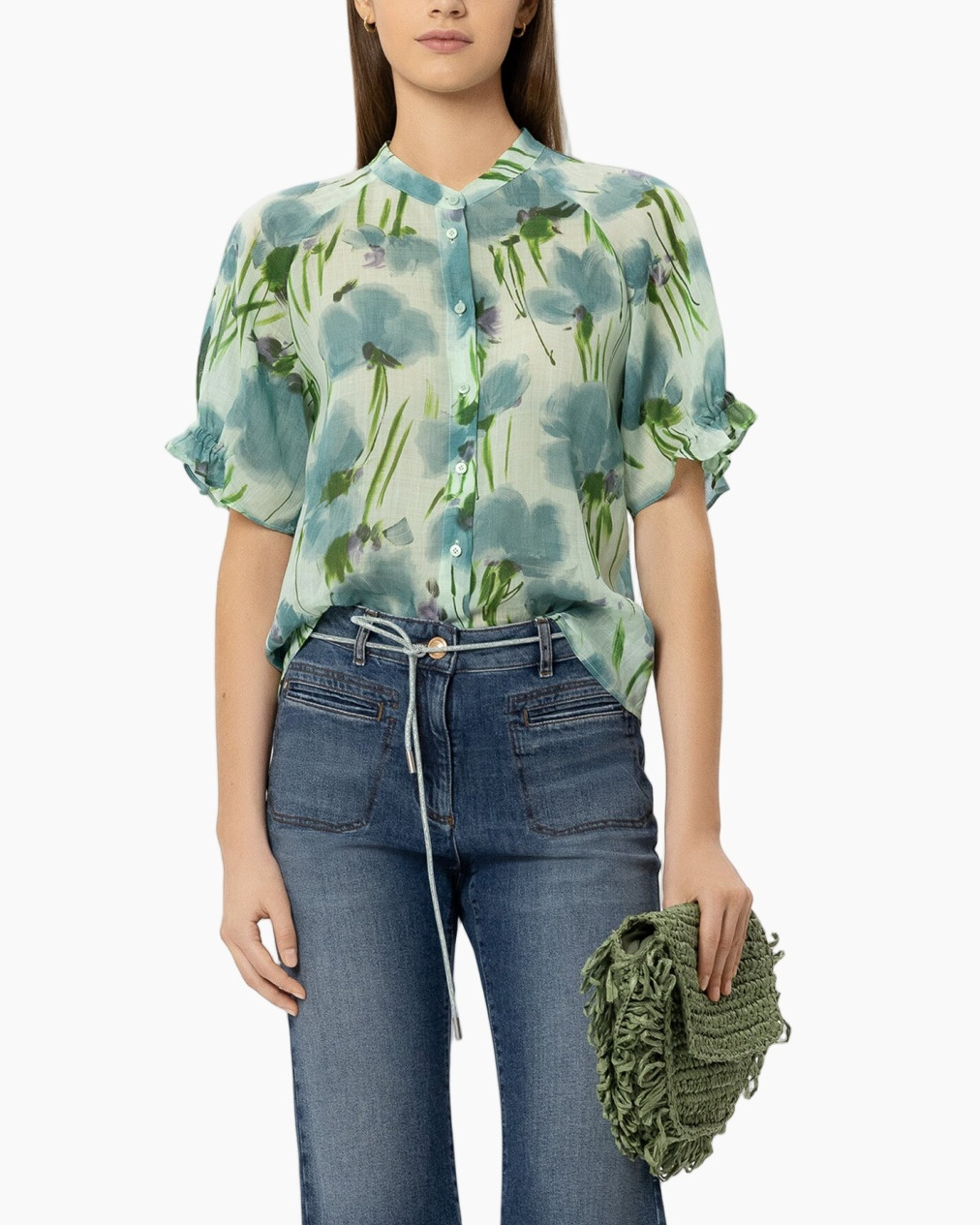 blouse, floral, sheer, short sleeves, button-up