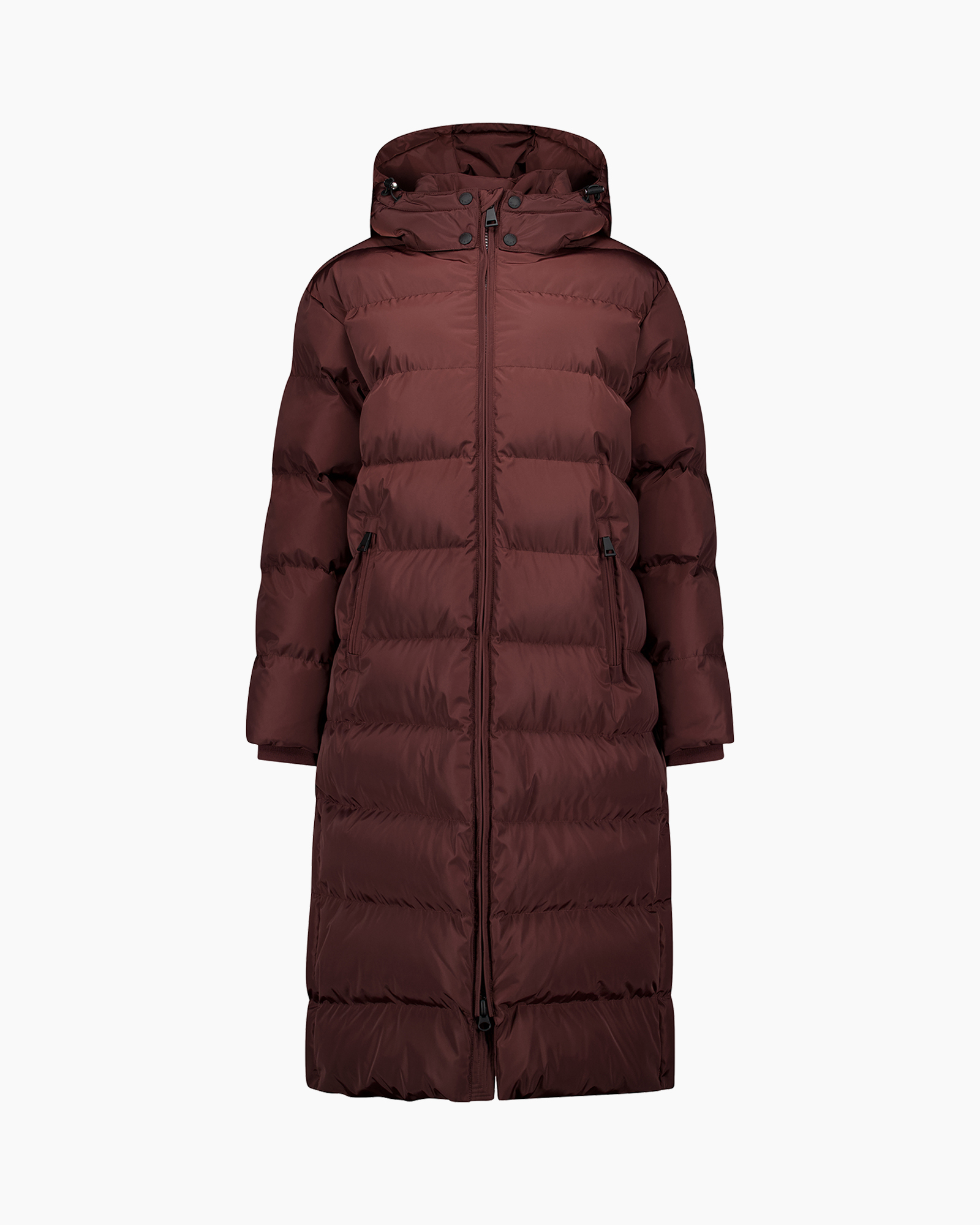 donsjas, puffer, lange jas, burgundy, hooded