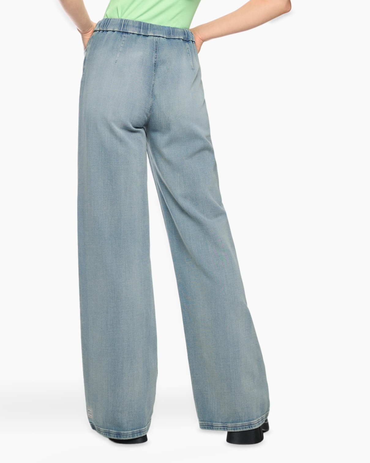 wijdte-pijpen, denim, broeken, blauw, elastische-band, spijkerbroek, wijd uit, denim, achterkant, elastische taille