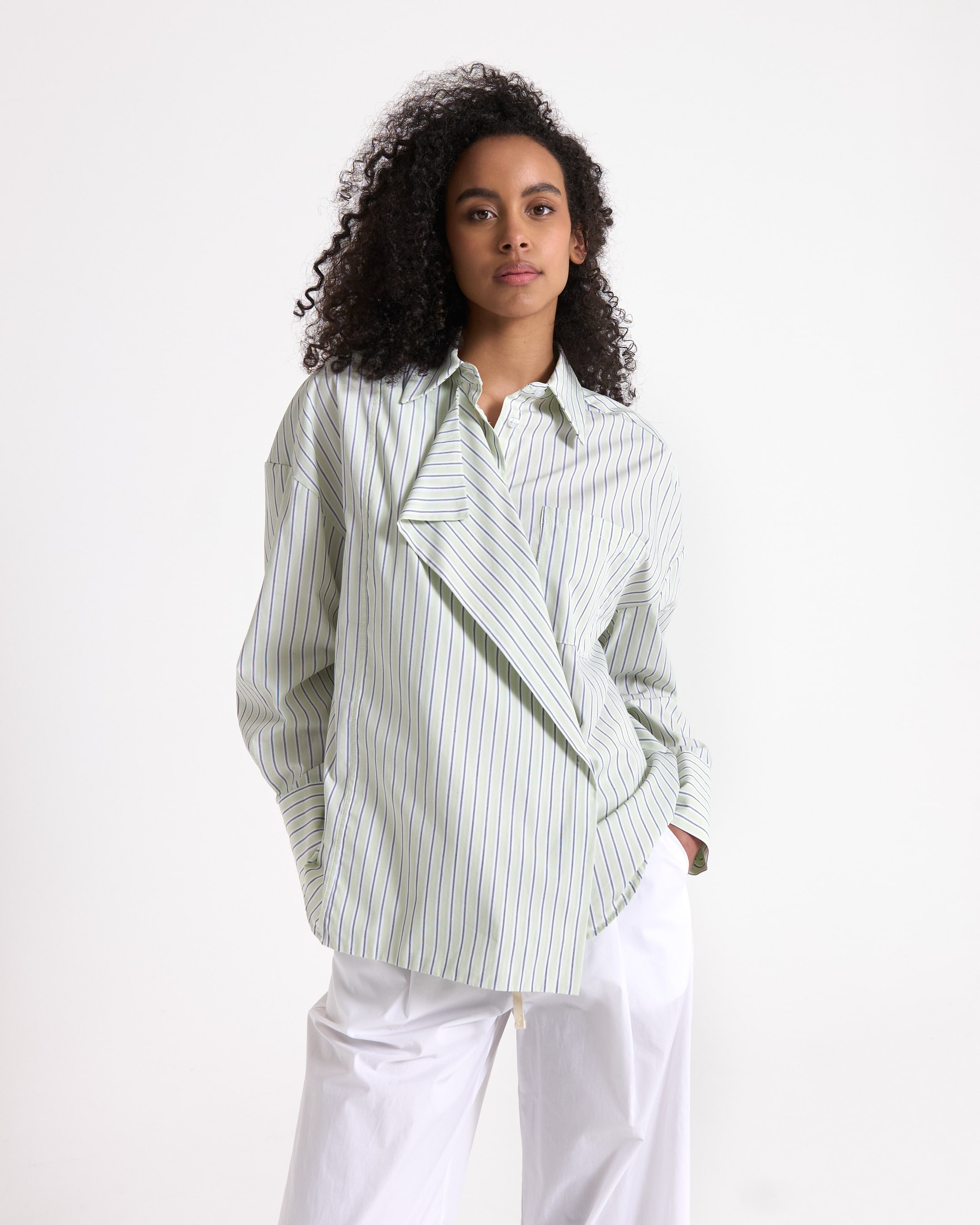 striped shirt, oversized shirt, light green, button-down, long sleeve