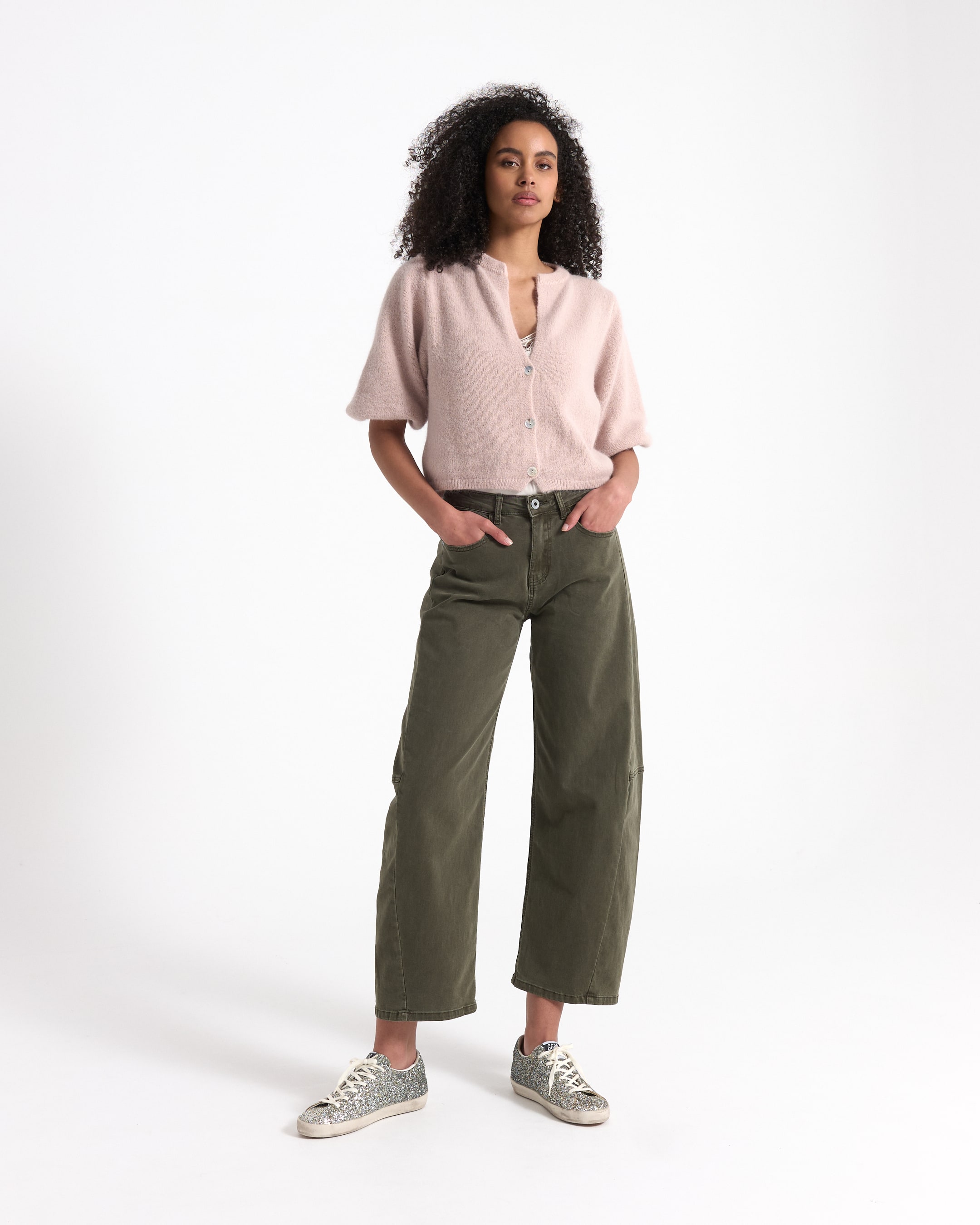 cardigan, pink, short-sleeve, knit, pants