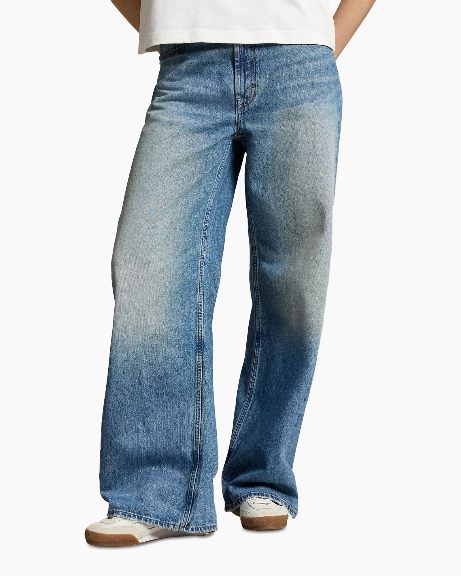 broek, blauwe jeans, wijd uitlopend, vervaagd/destroyed, denim