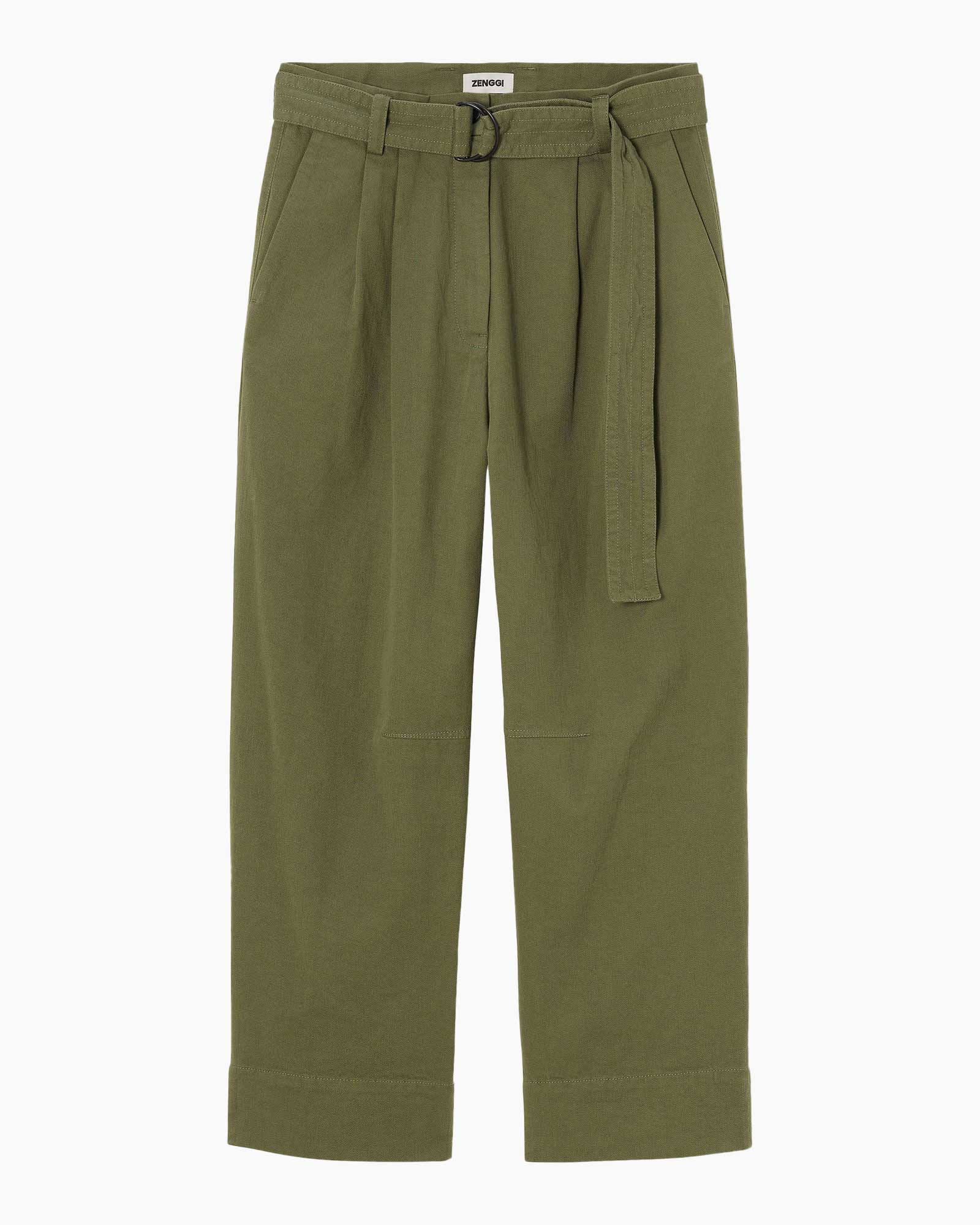 khaki, broek, getaillede, riem, plooien
