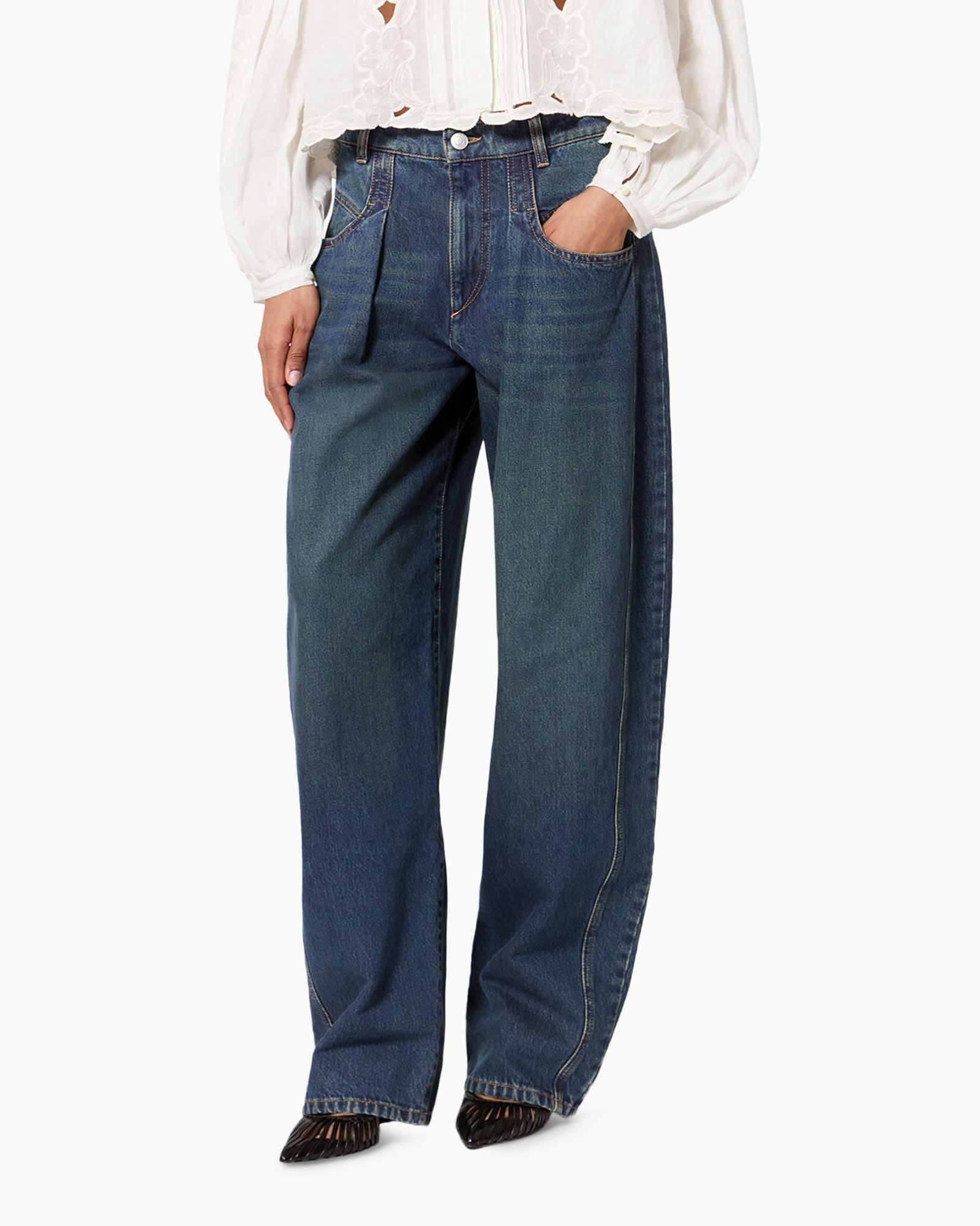 spijkerbroek, wijd model, hoog taille, blauw, broek