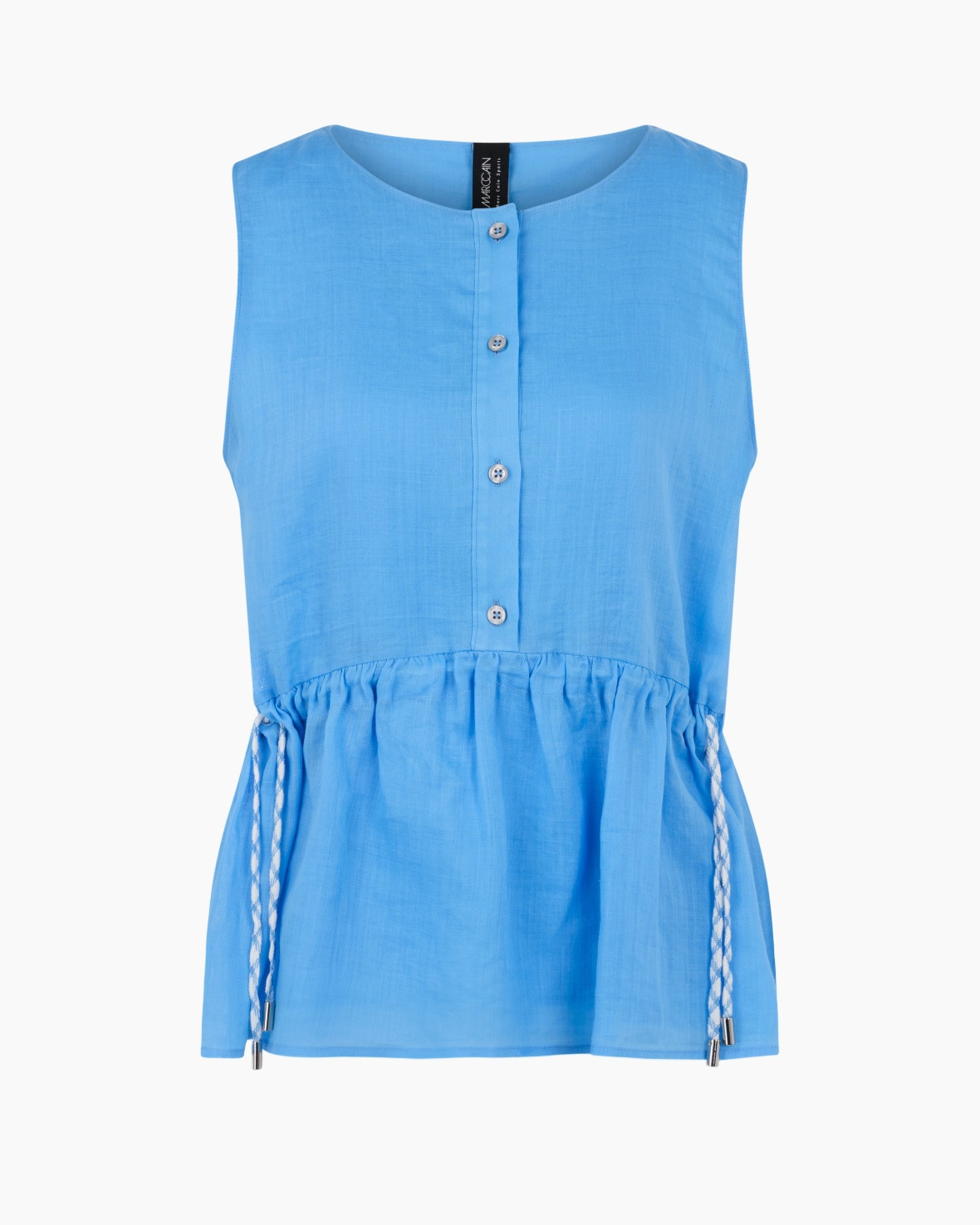 blauw, tanktop, mouwloos, knoopsluiting, touwkoord