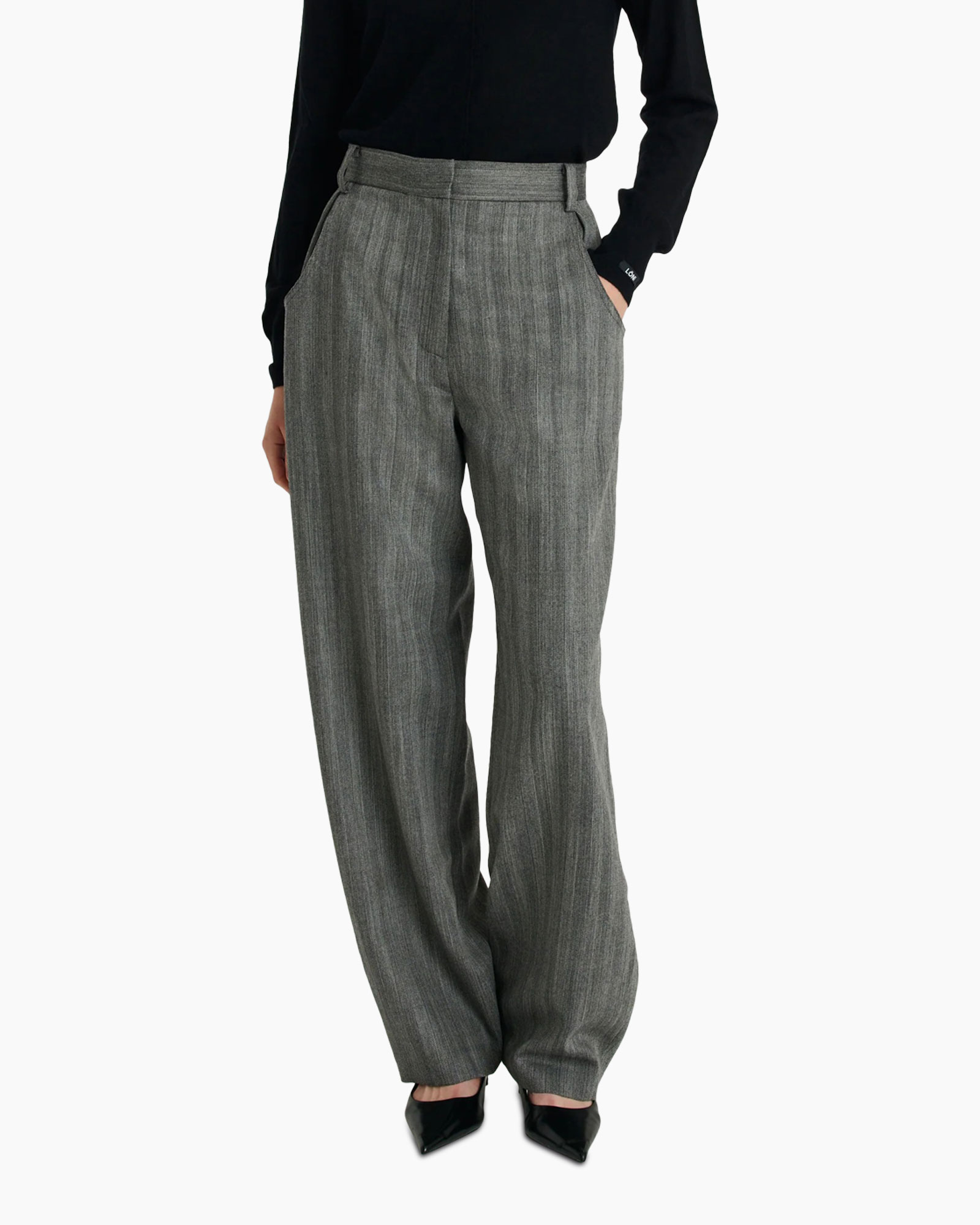 broek, grijs, streep, hoog taille, wijd uitlopend
