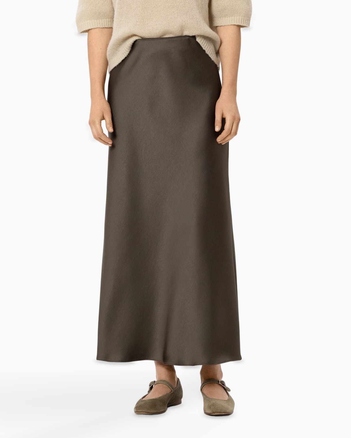 maxirok, satijne stof, eendkleuren, enkellengte, slip-on flats