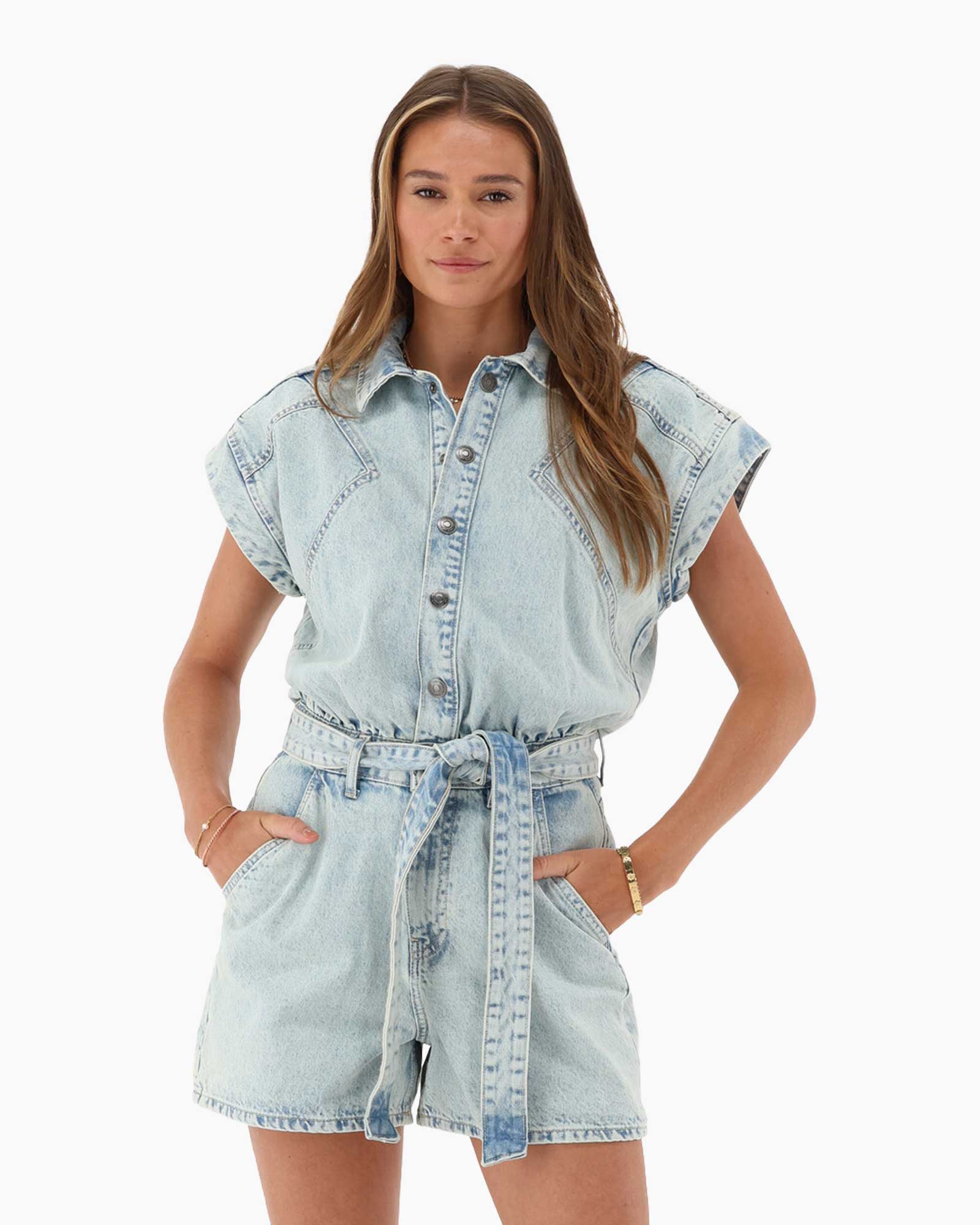 Jumpsuit  Denim Playsuit With Wide Shoulder Licht Blauw