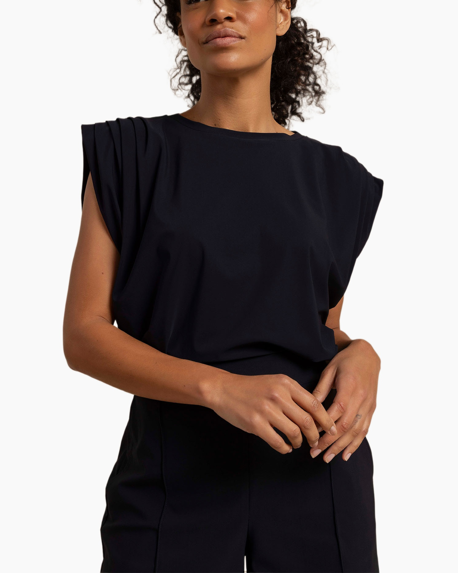 top, t-shirt, mouwenloze, zwart, bodysuit