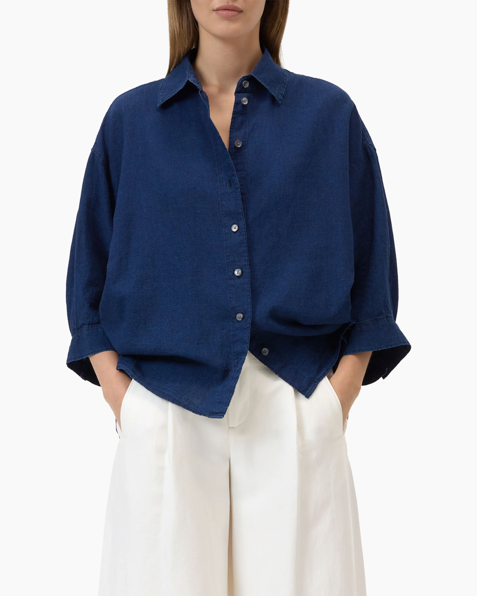 denim blouse, knop aan knop, kraag, lange mouwen, lose pasvorm