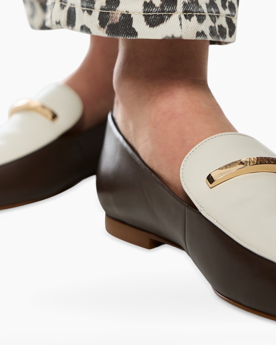 loafers, moccasins, twee-kleurig, slip-on, gouden gesp