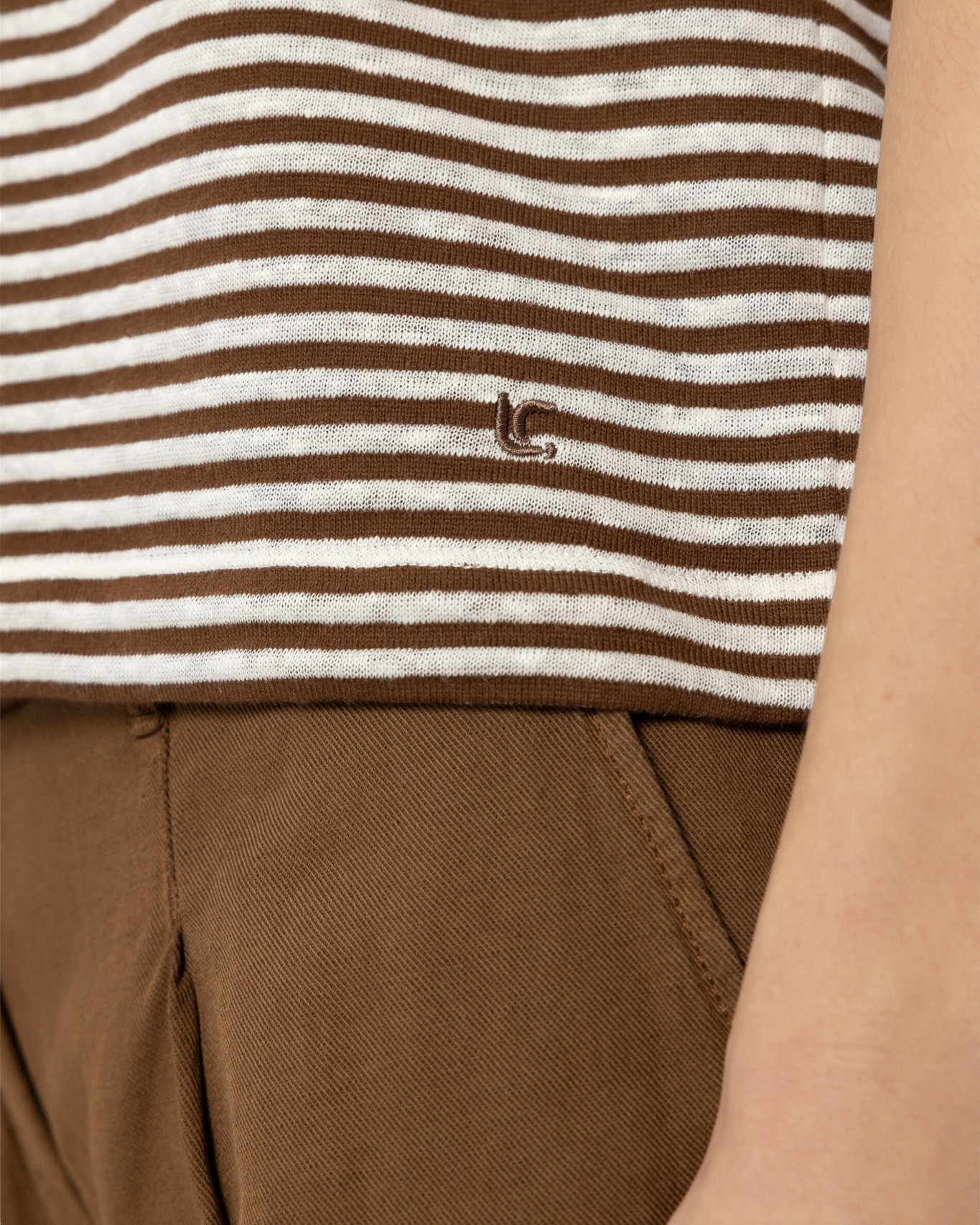 striped polo, brown striped top, knit fabric, embroidery logo, brown trousers
