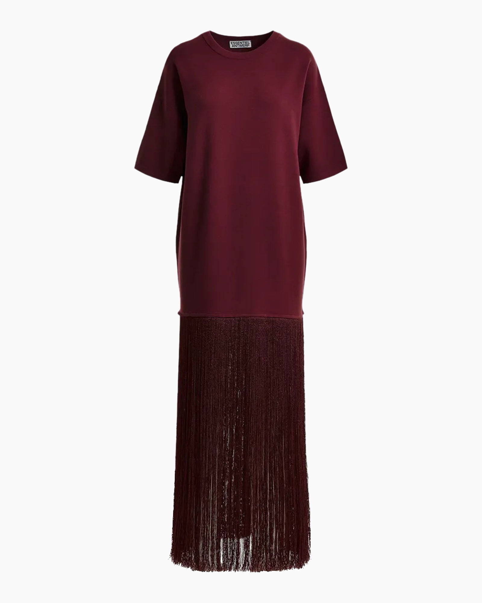 burgundy, jurk met fransering, franje, lange jurk, korte mouwen