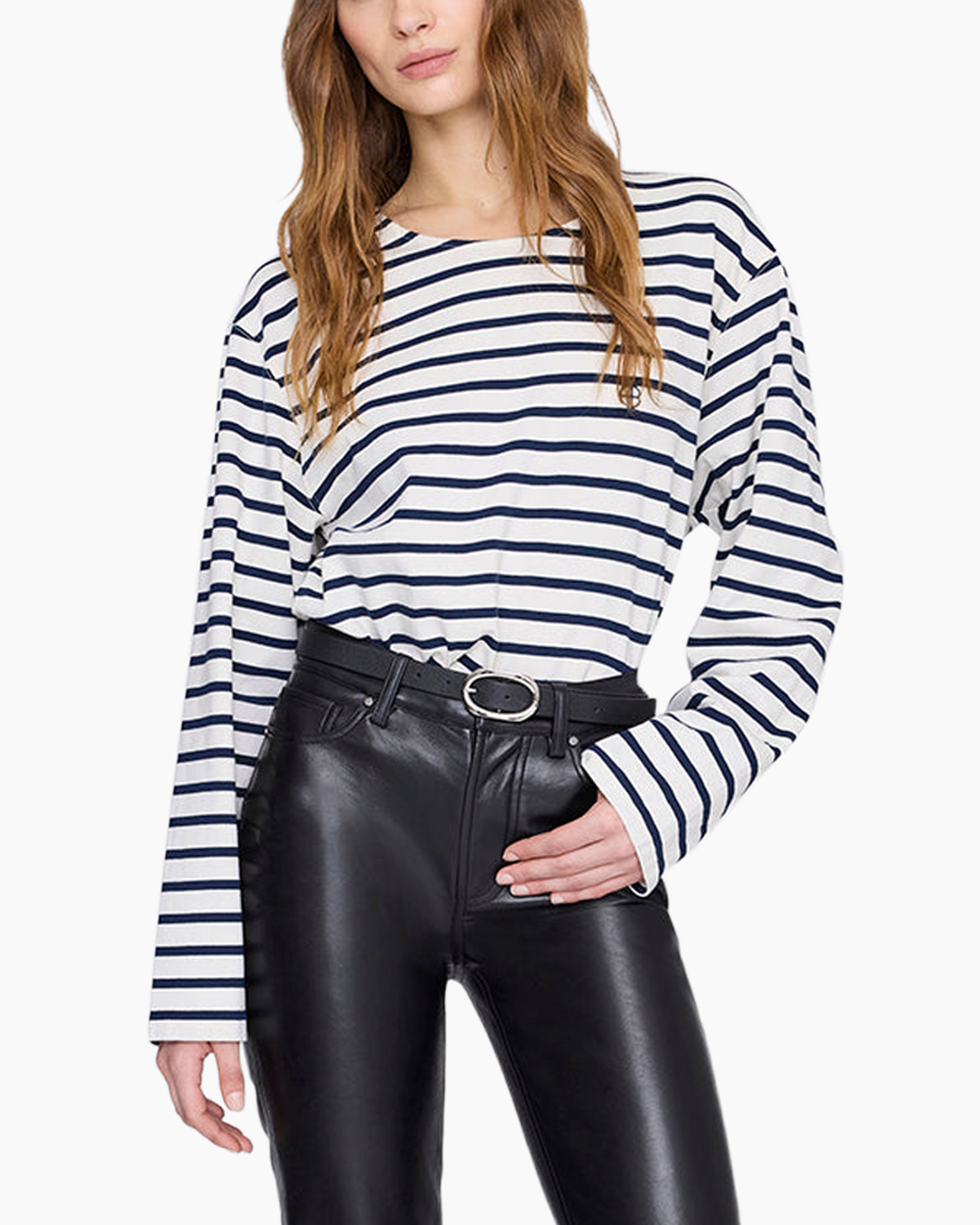 striped shirt, long sleeve, crew neck, navy white, knit top