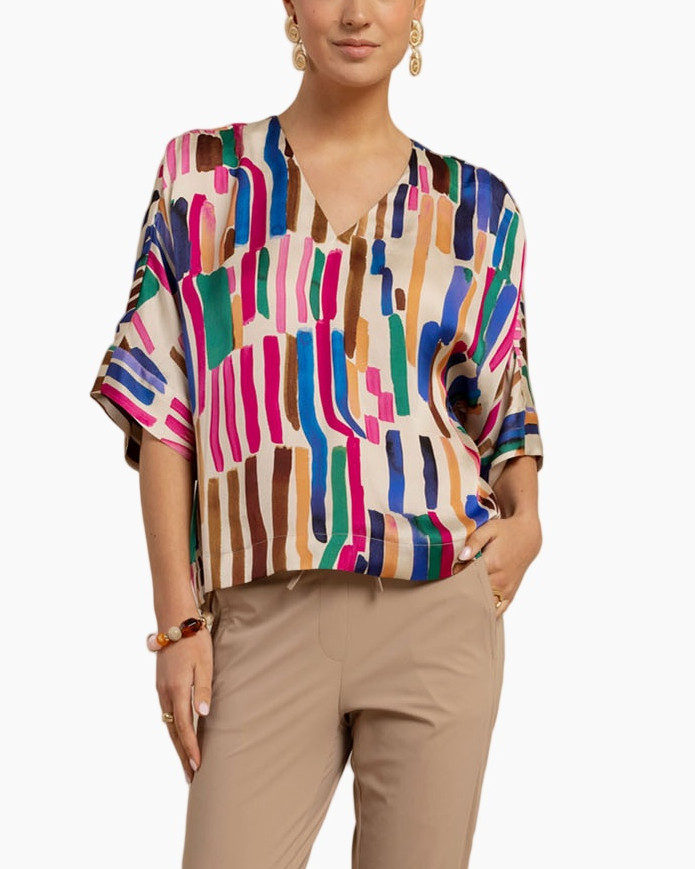 blouse, print, short-sleeve, v-neck, multicolor