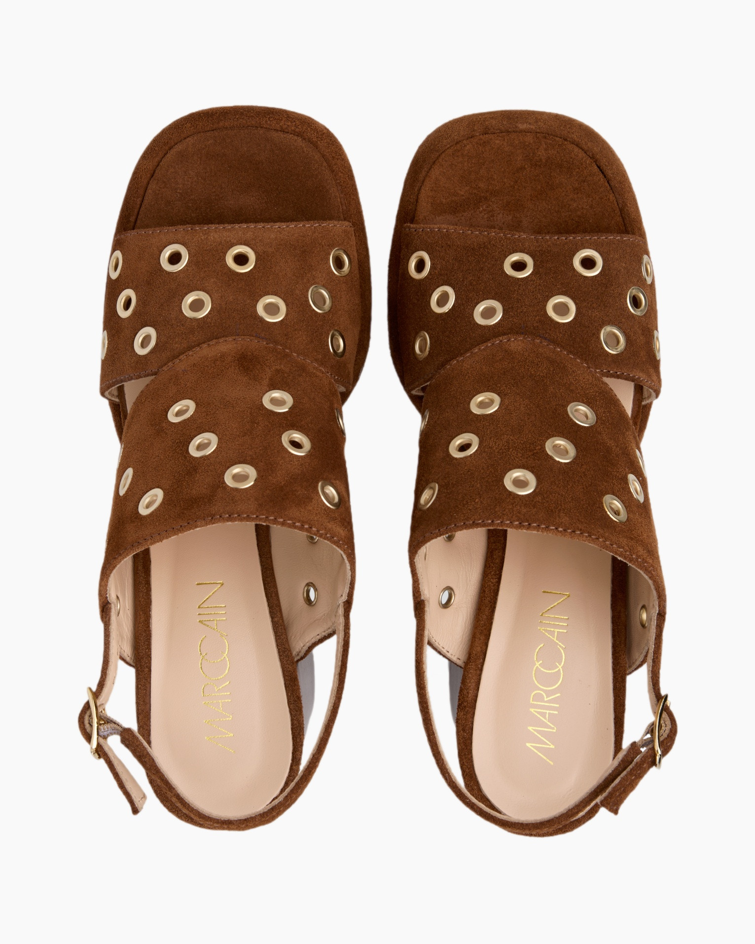sandalen, open-toe, suede, oogringen, bruin