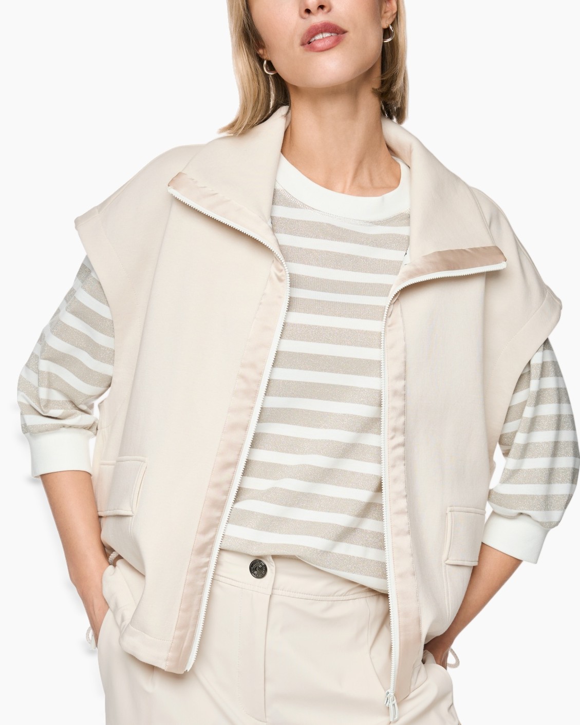 vest, no-sleeve vest, geribde buitenlaag, beige, gestreepte trui
