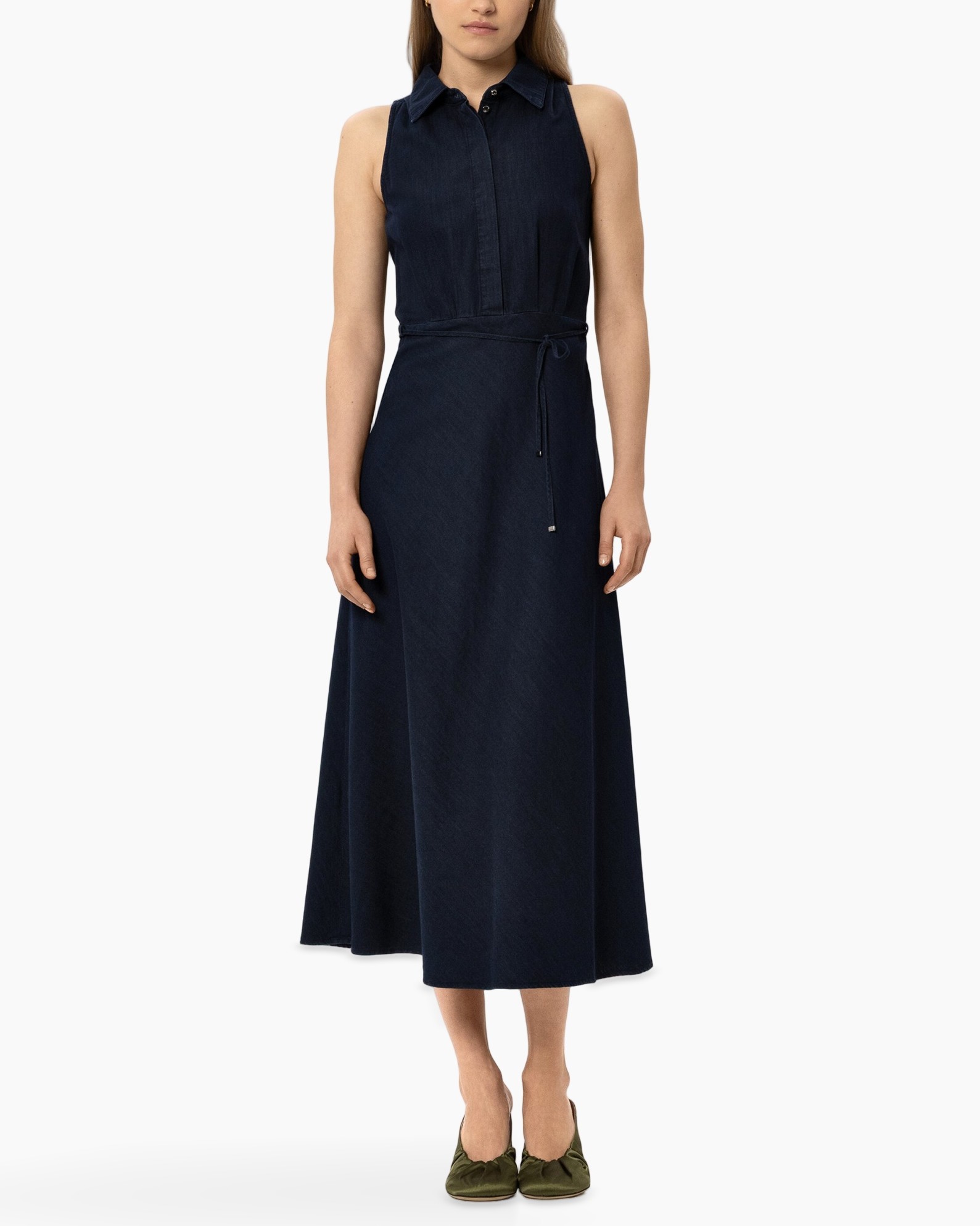 navy jurk, mouwloos, kraag, wrap-riem, midi lengte