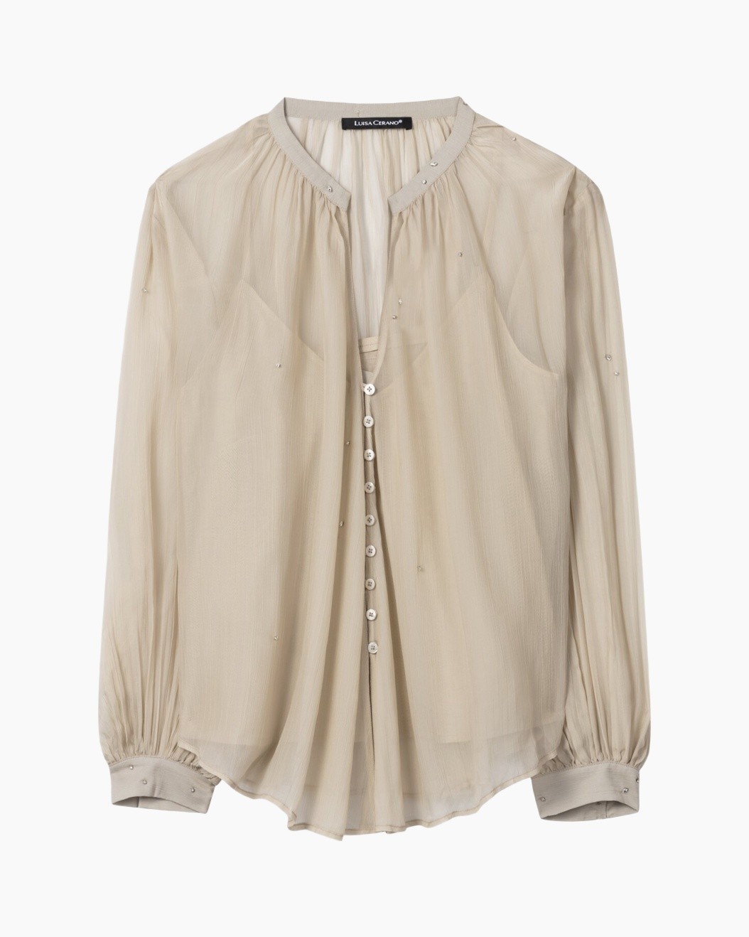 blouse, beige, knopjes, lange mouwen, doorschijnend