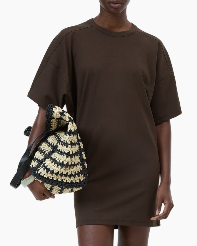 t-shirt dress, brown, short sleeve, knee-length, cropped bag