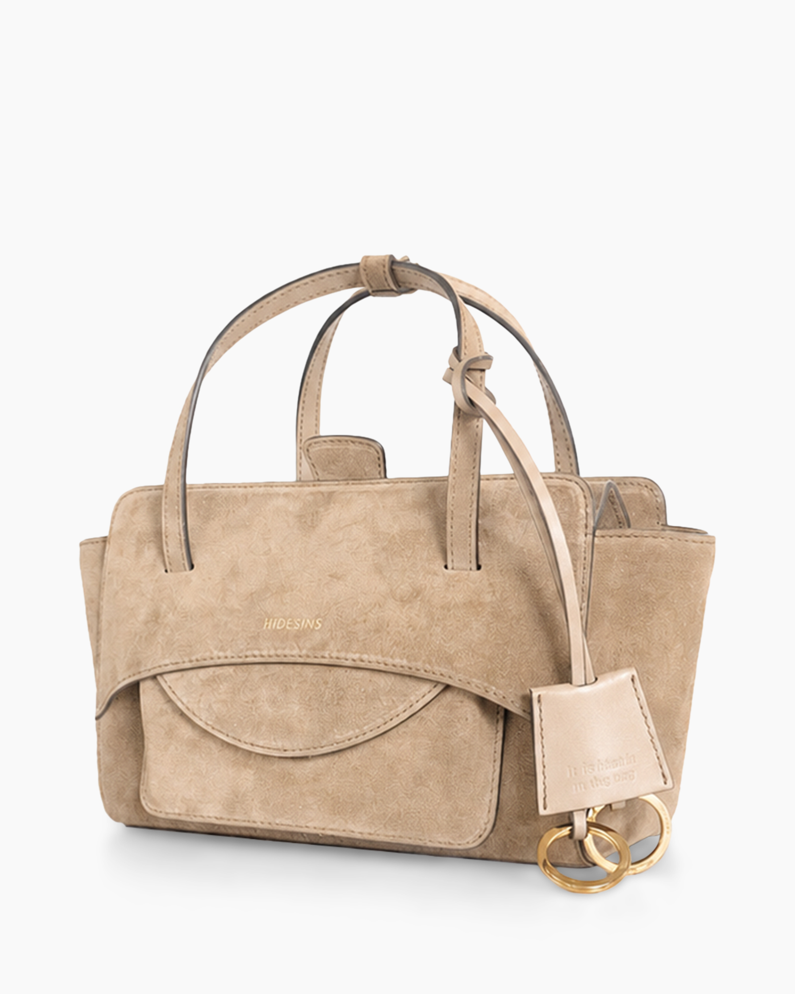 handtas, tote, beige, suede, goudkleurig hardware