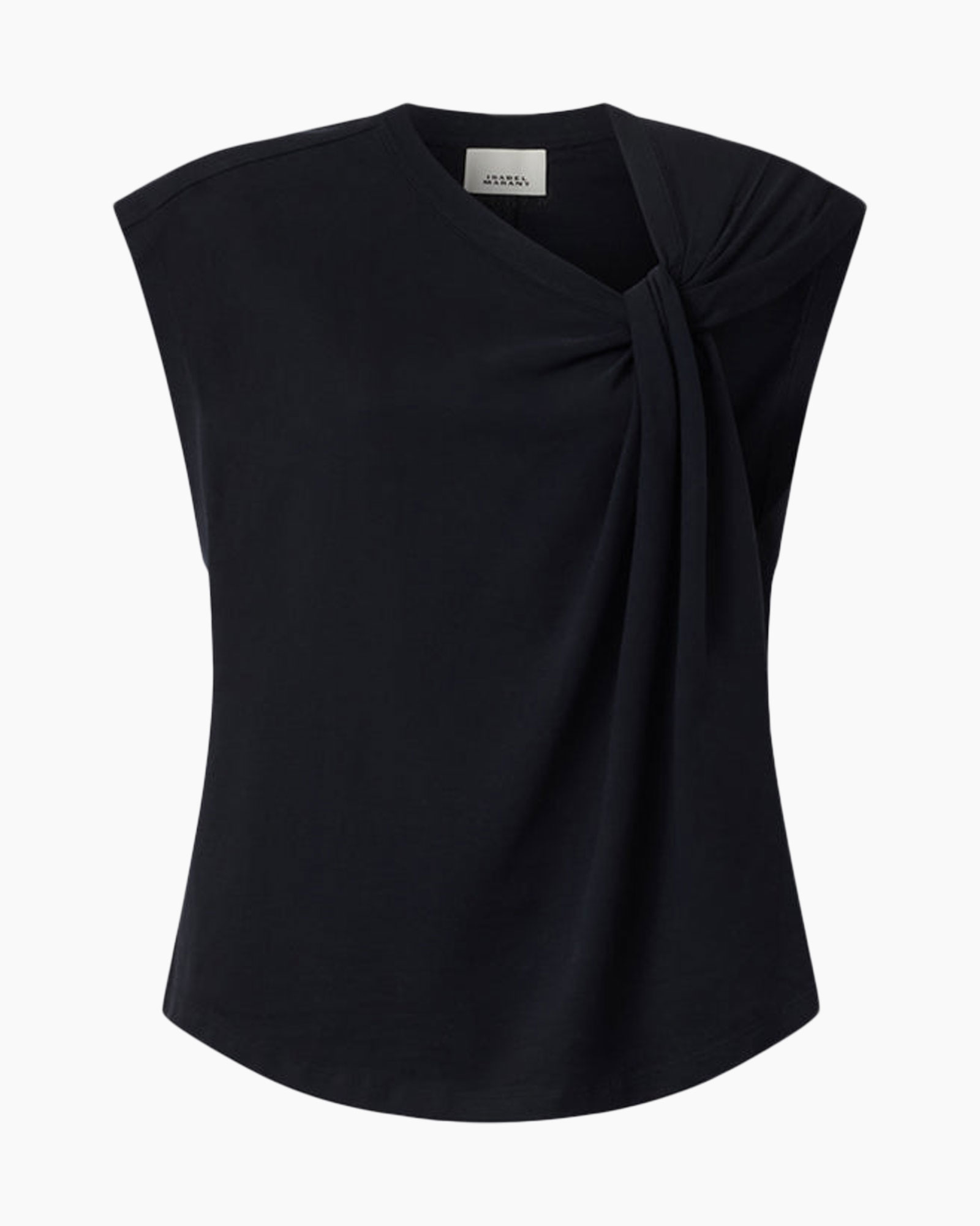 top, zwart, mouwloos, knoop, knit-achtig