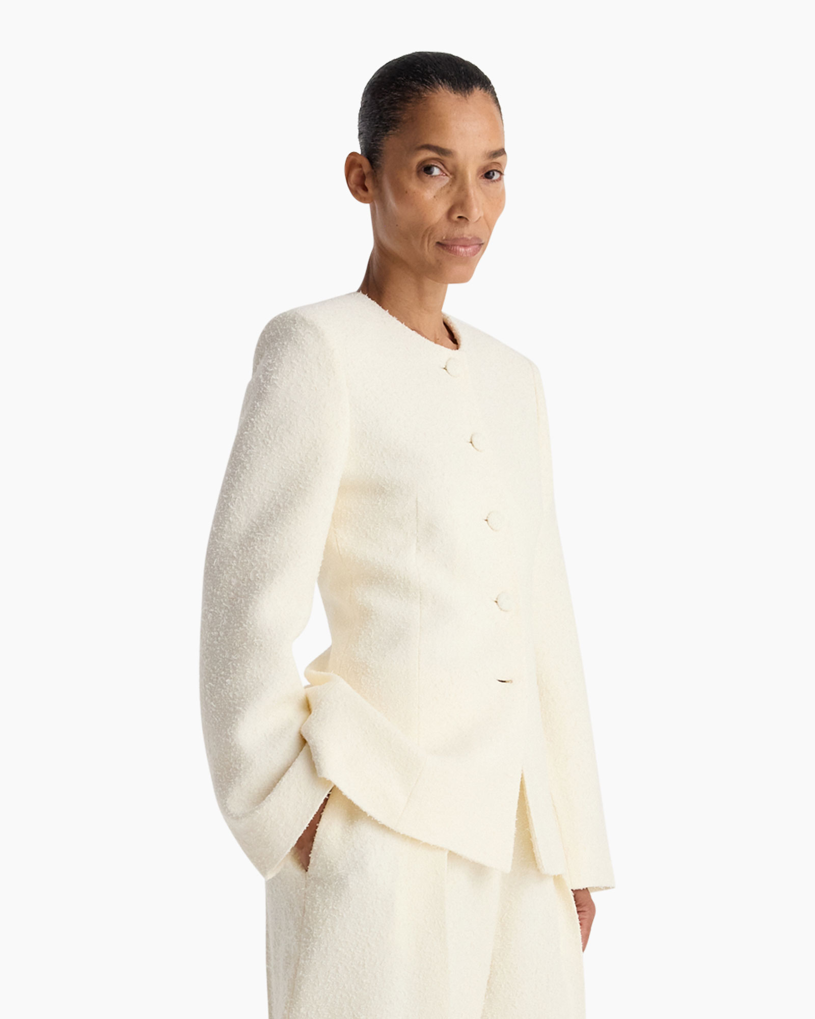 crème, blazer, textured, knopen, tailored