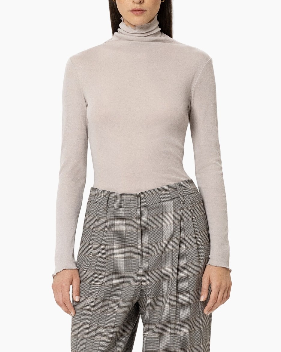 rolkraag, lange mouw, beige, ruitjesbroek, hoog taille