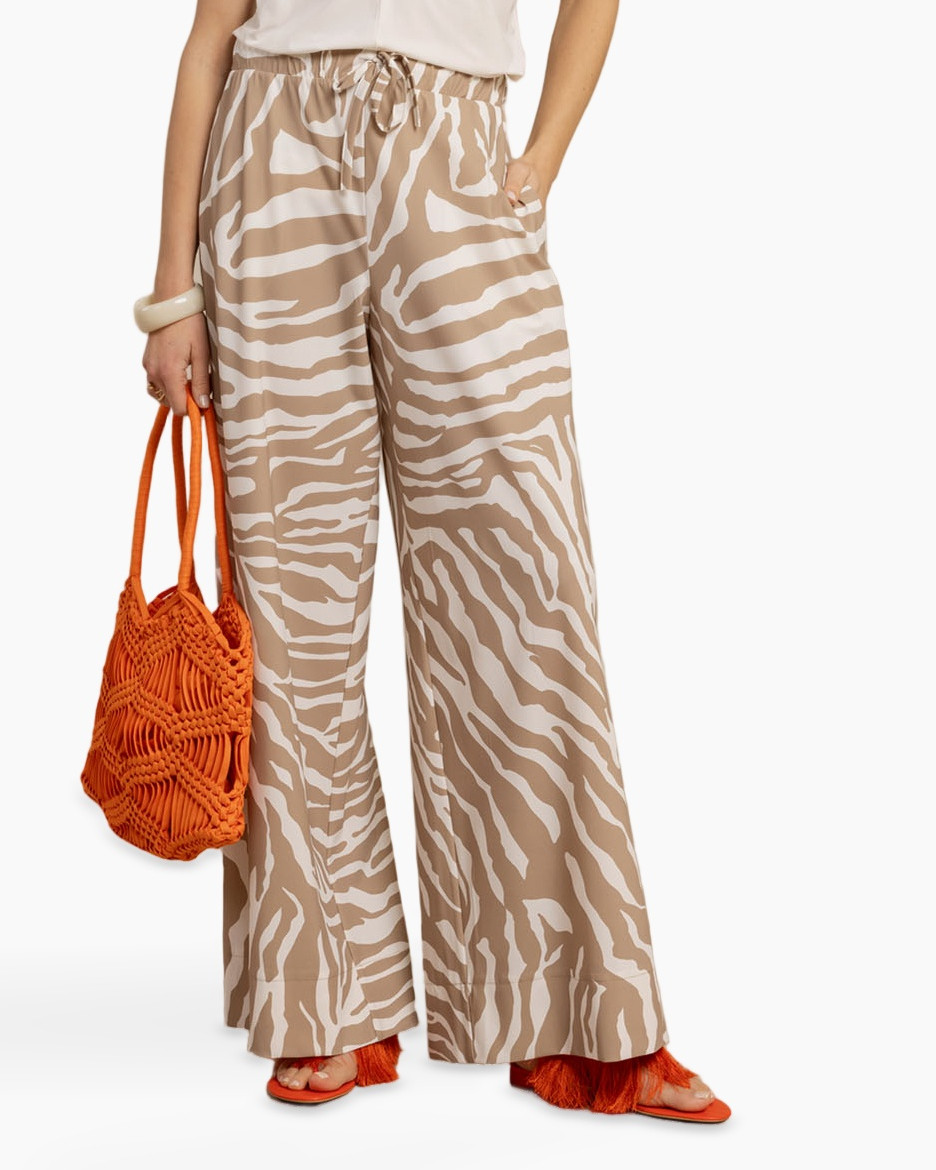 broeken, wijd-al, zebra patroon, beige, trekkoord