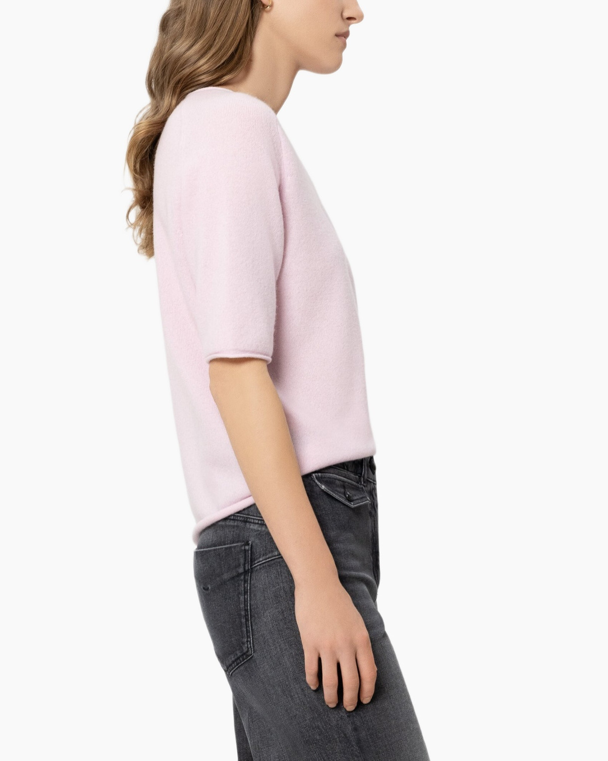 pink sweater, short sleeve, knit top, light pink, women's sweater