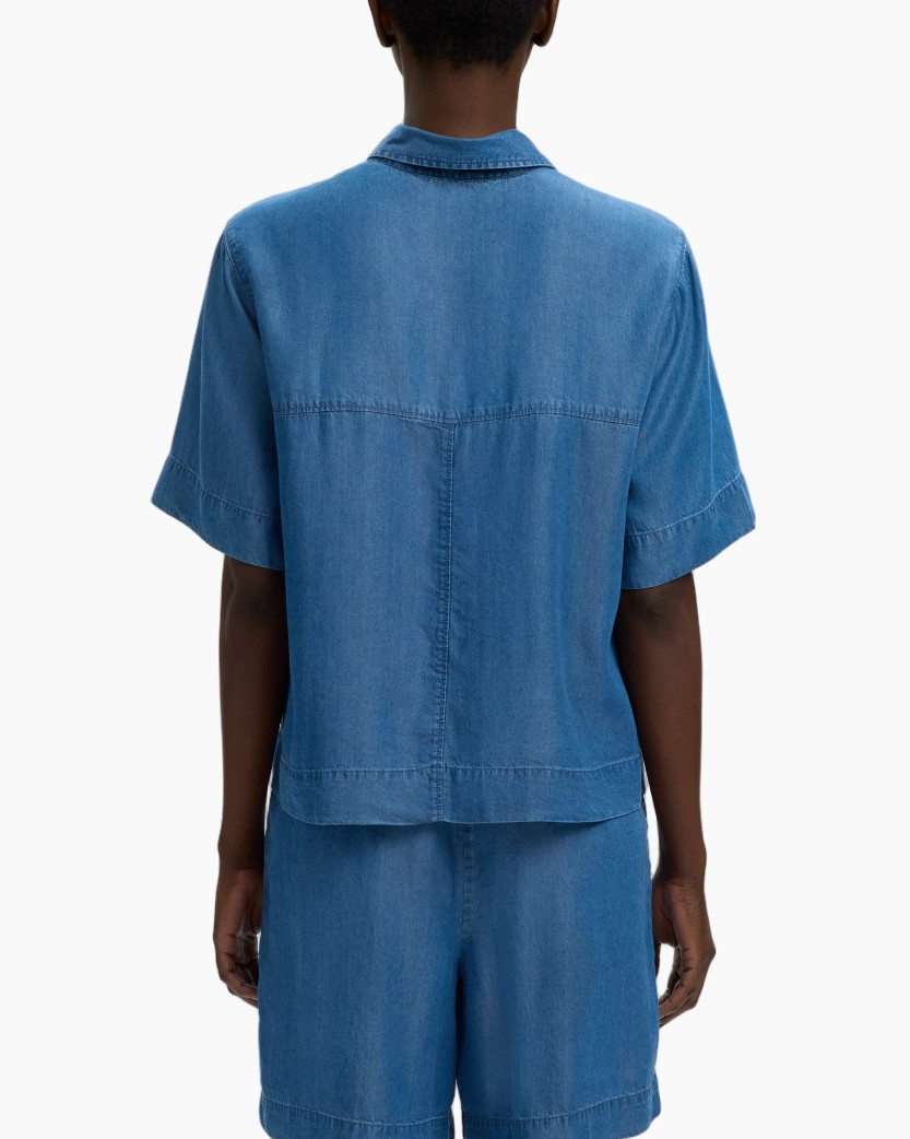 denim, hemd, korte mouwen, kraag, knopen