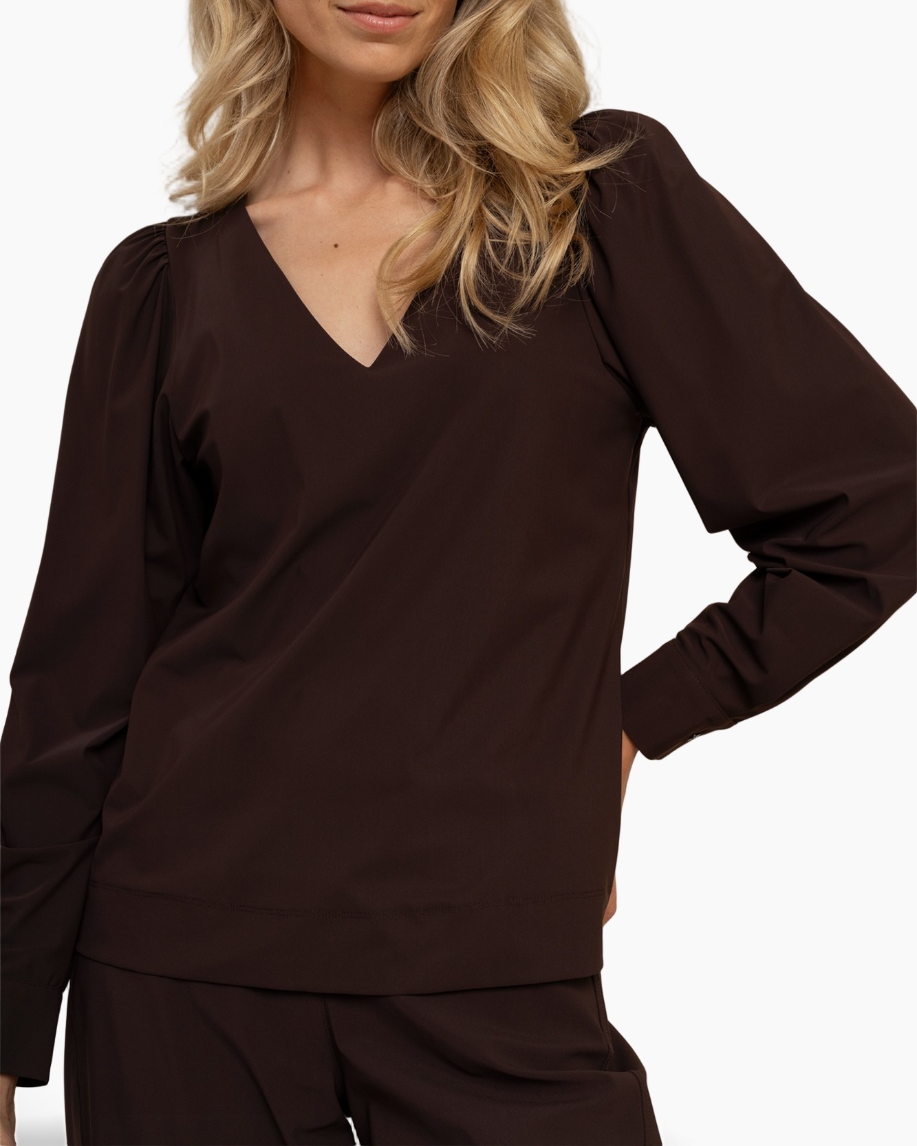 bruin, trui, lange mouwen, v-hals, effen kleur