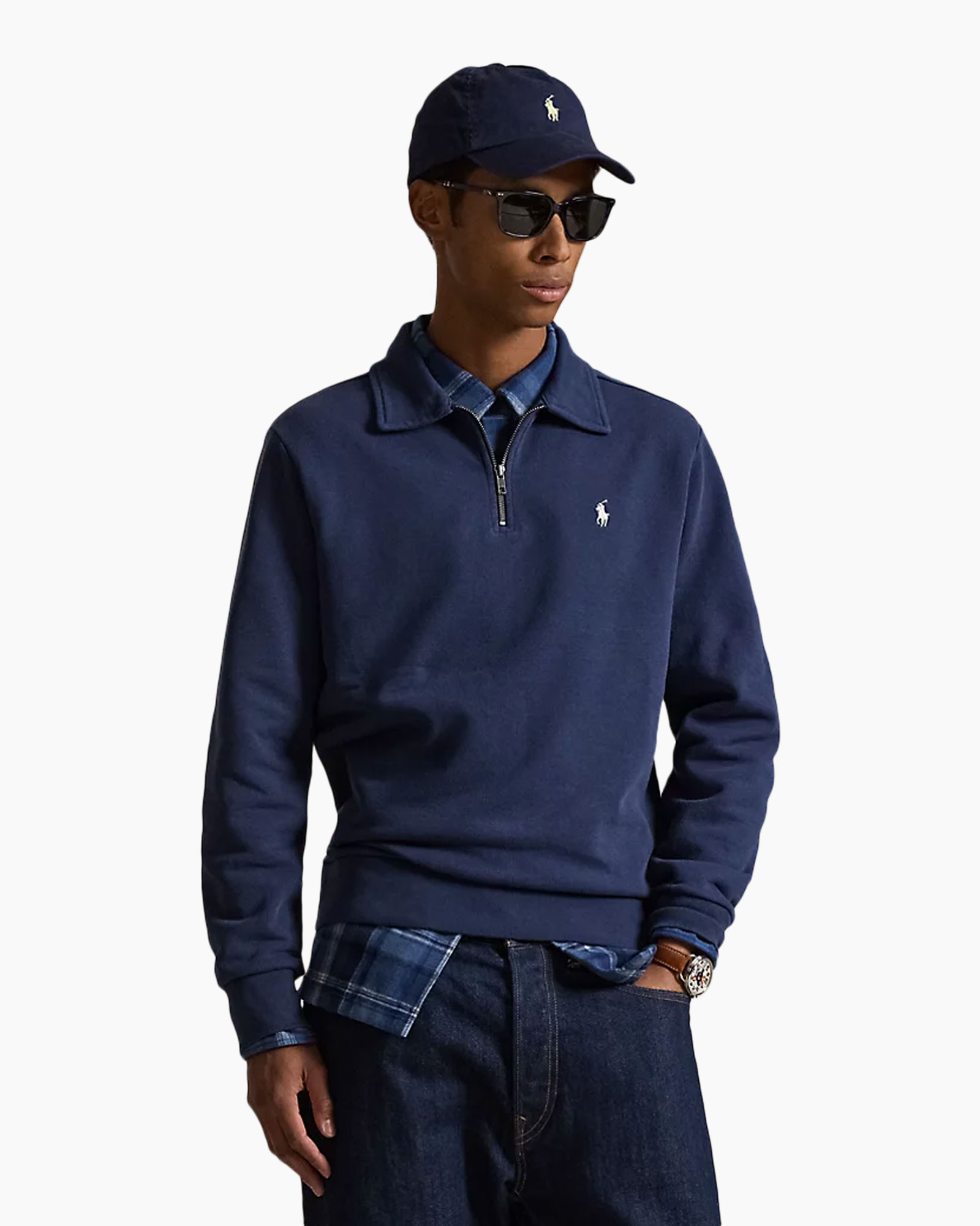 blauw, poloshirt, pet, sweatshirt, spijkerbroek