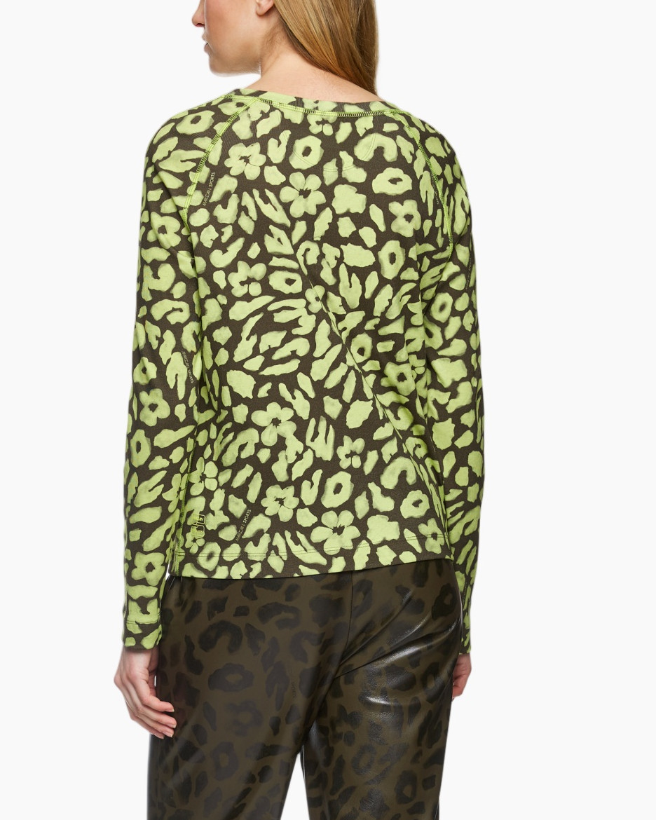 leopard print, green top, long sleeves, knit sweater, patterned shirt