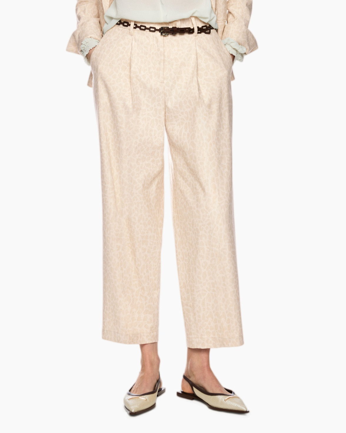 pants, wide-leg, beige, animal-print, belt