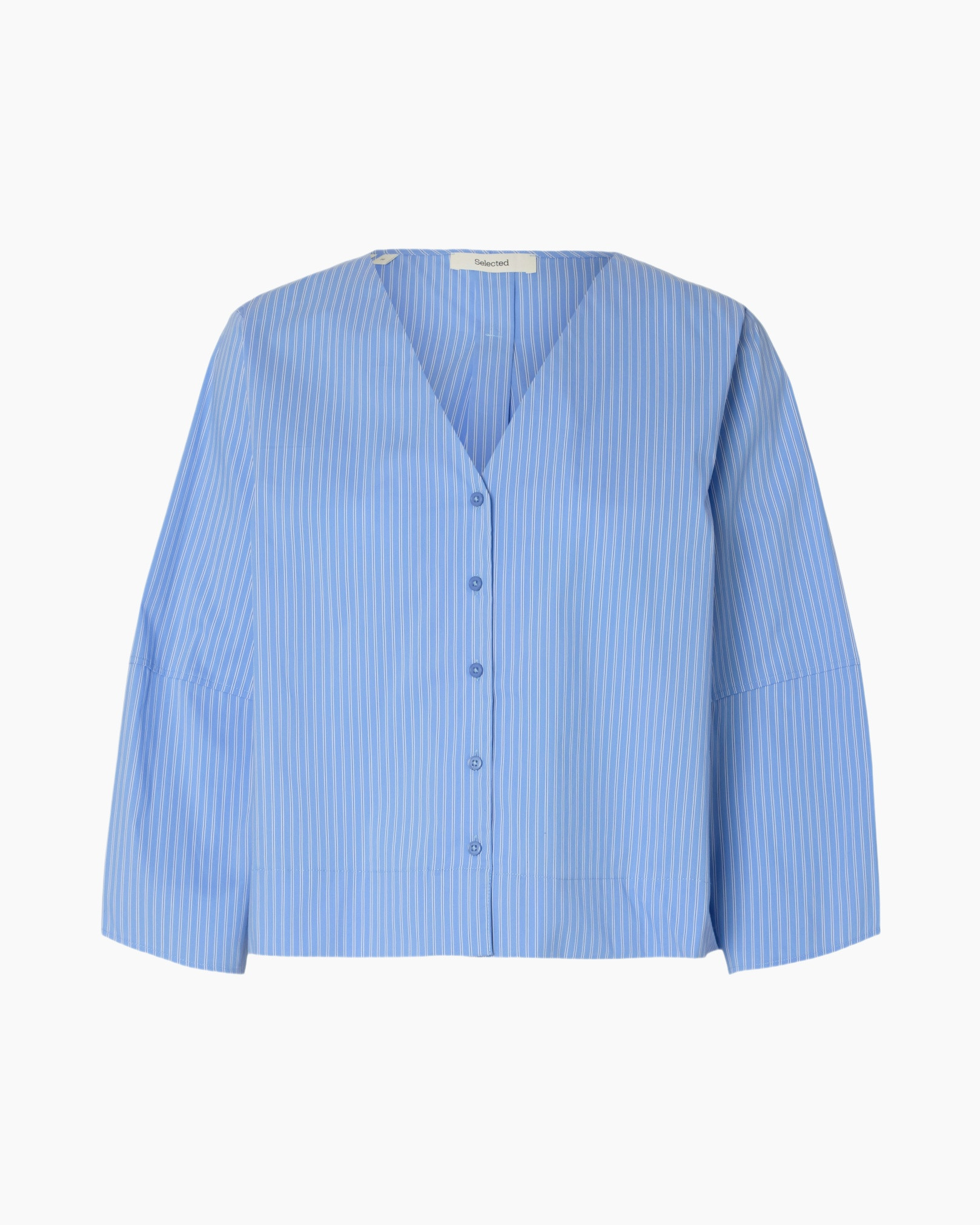 blouse, strepen, blauw, knopjes, v-hals