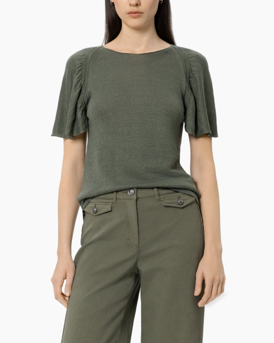 top, short sleeve, olive green, knit, pants