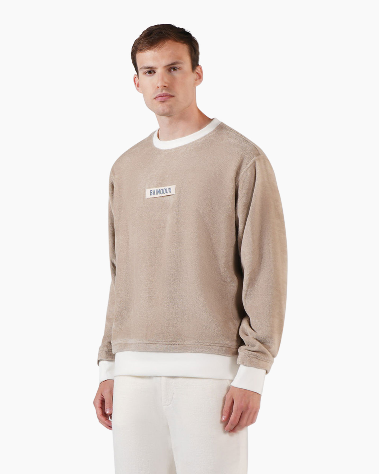 crewneck, beige, fleece, long-sleeve, patch-logo