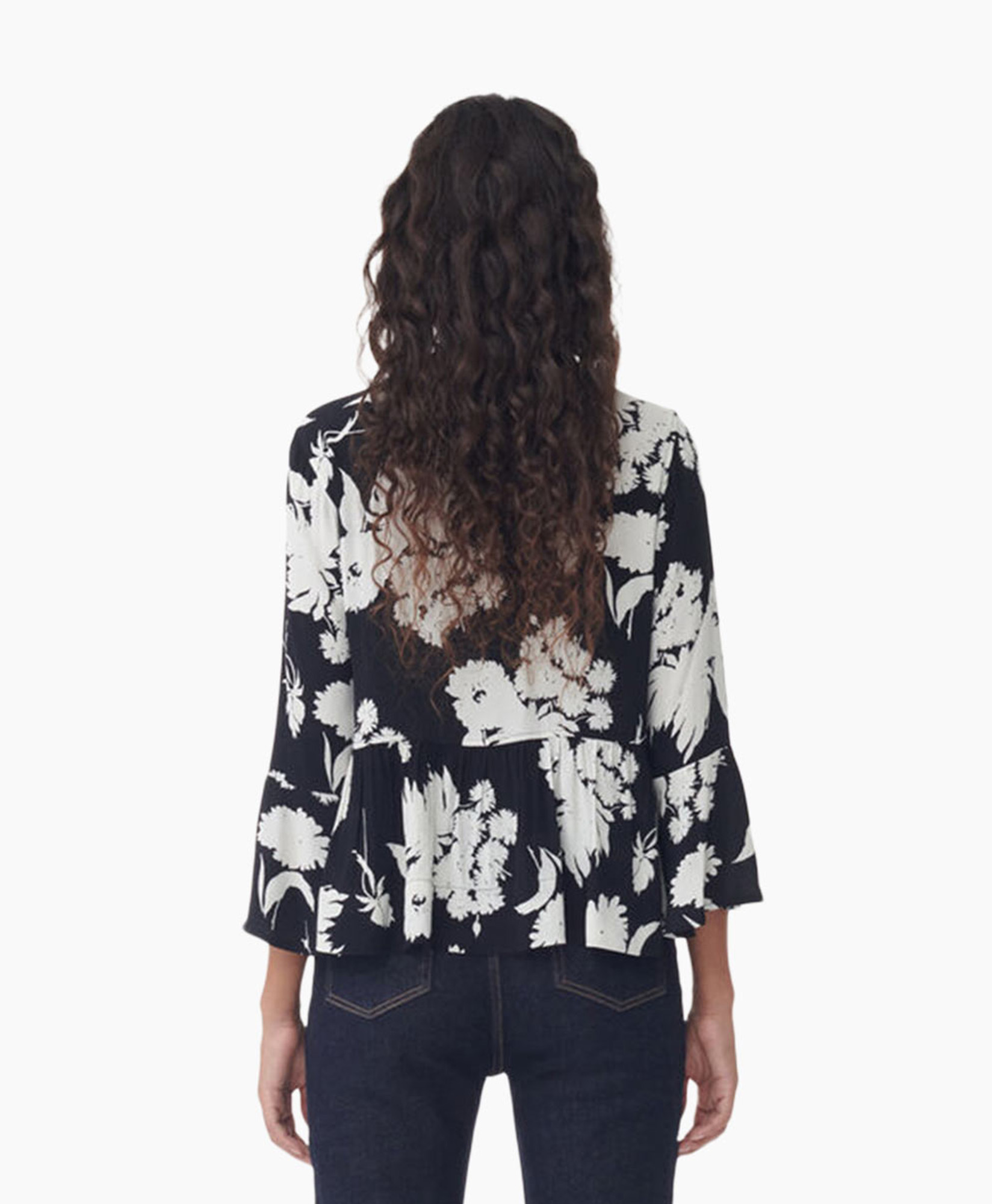 Blouse Printed Crepe Peplum Zwart