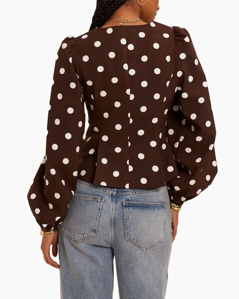 spotted, bruin top, lange mouwen, V-hals, blouse