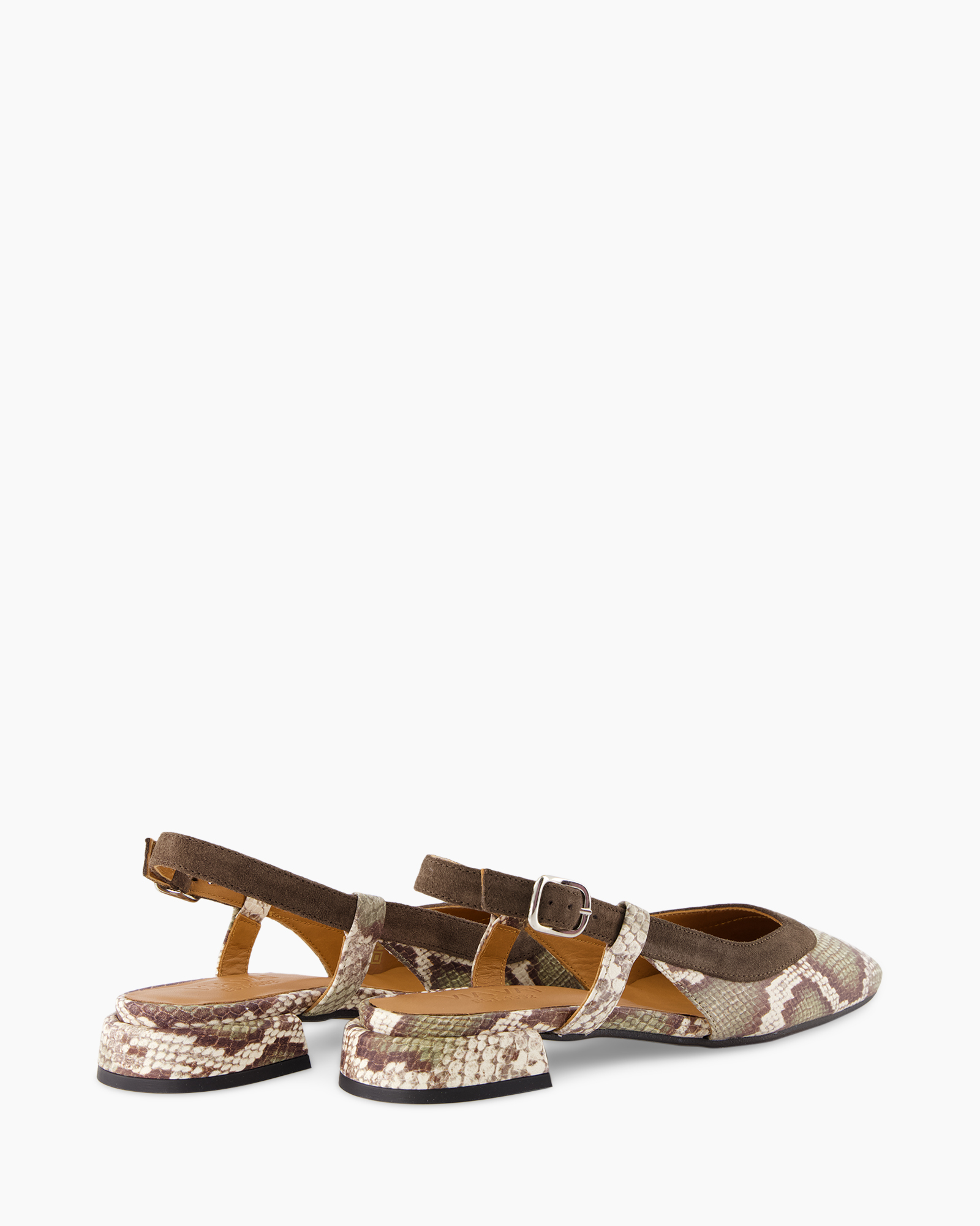 slingback, platte, slangenhuid, print, hielloos