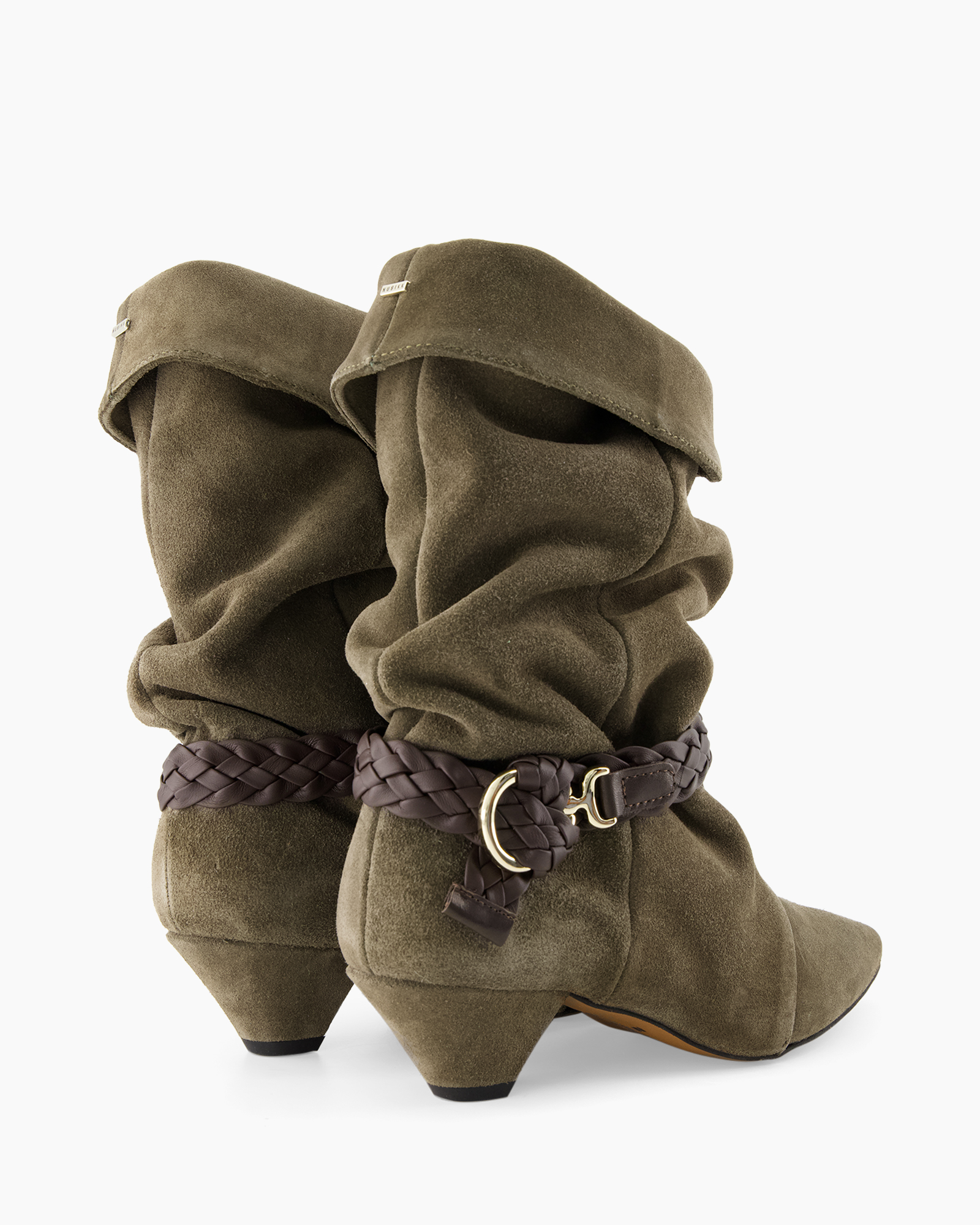 enkellaarzen, suede, olijfgroen, gewevenriem, middelhoge hak