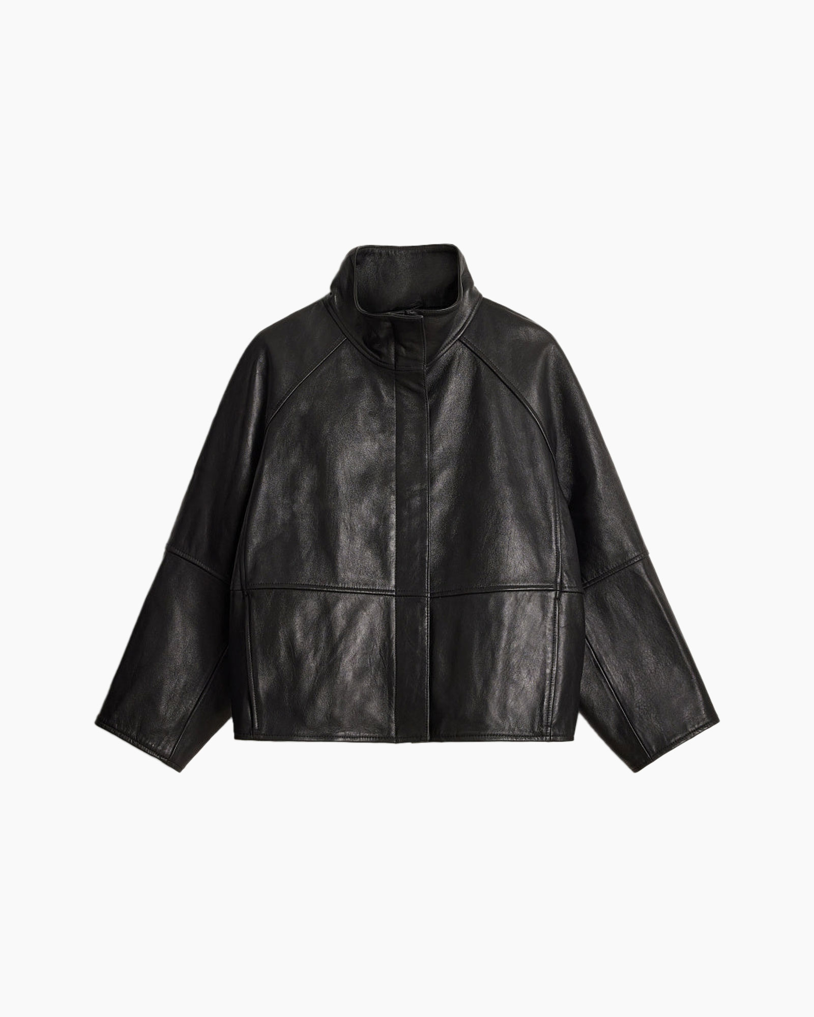 leren jas, zwart, motorjasje, kraagloze hoge nek, oversized pasvorm