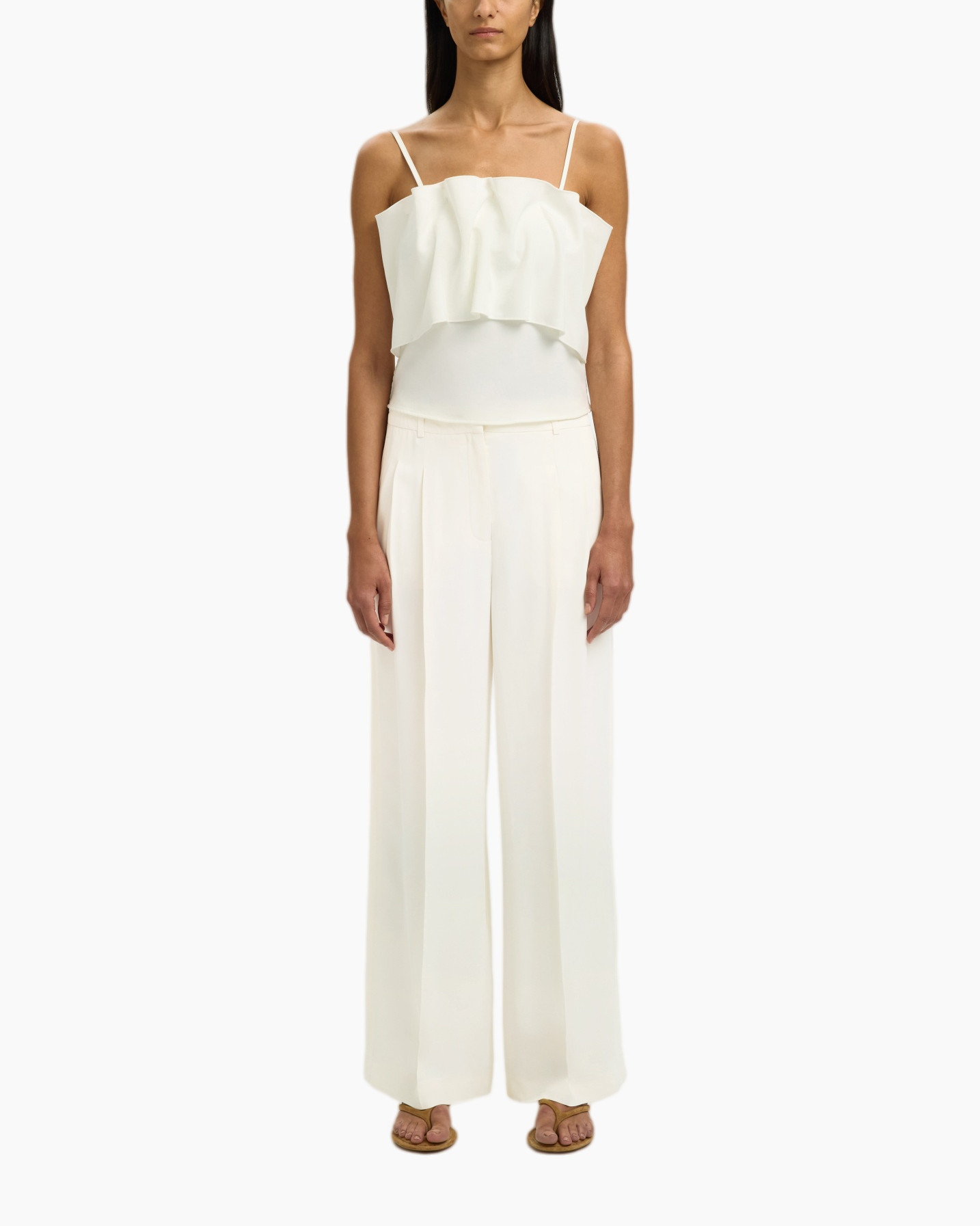 wit, broekpak, wijd uit, gerimpelde top, bandjes top