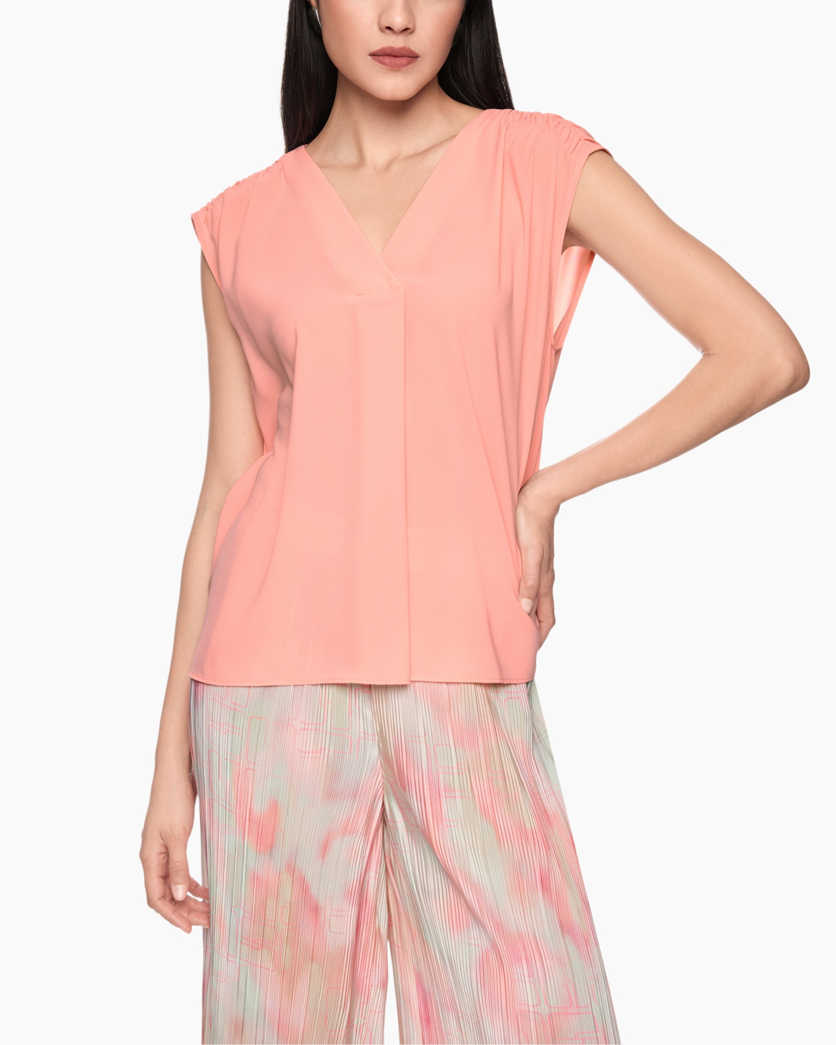 pink top, V-neck, sleeveless, soft fabric, casual blouse