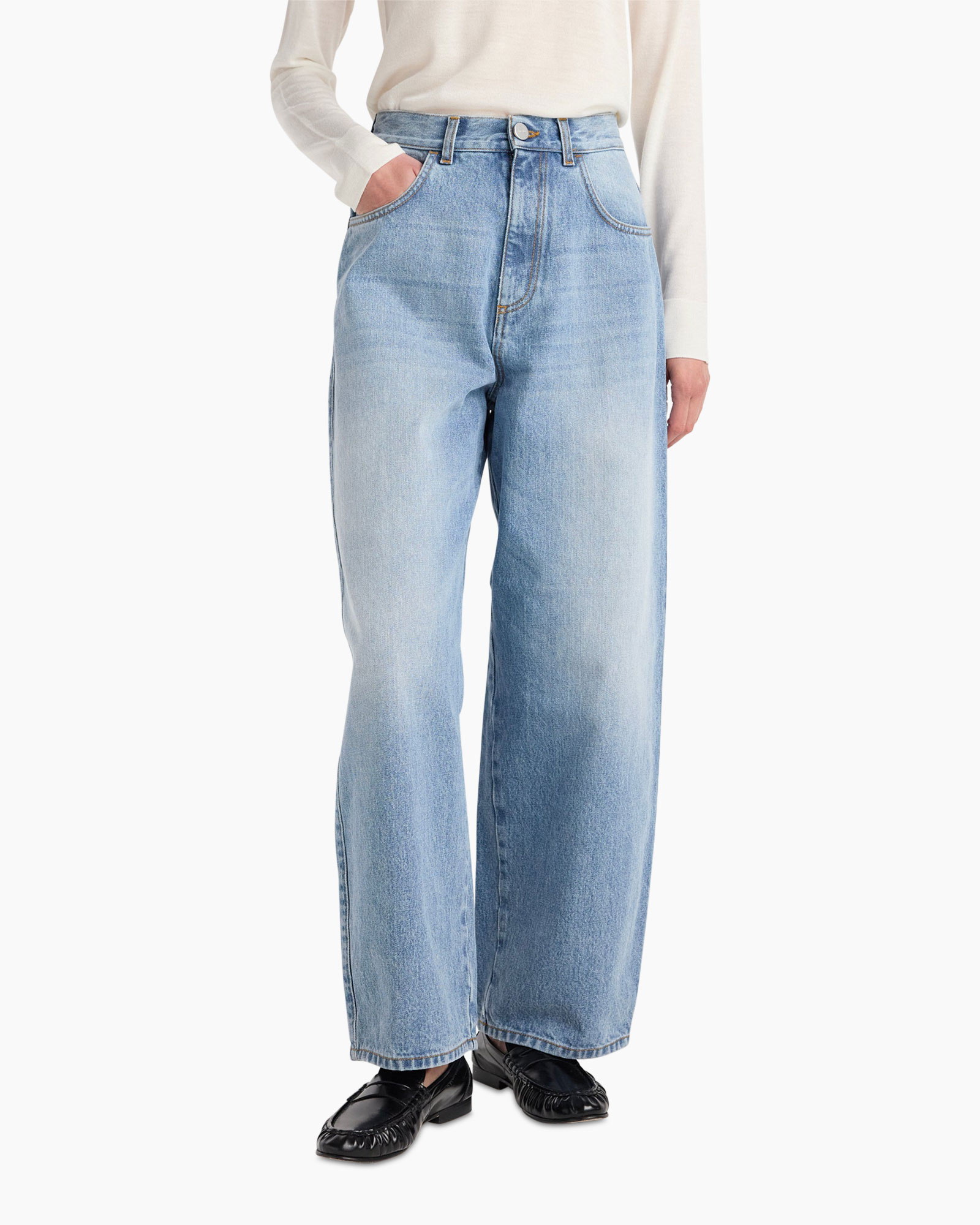 broeken, wijd uitlopende, lichte wassing, denim, zakken