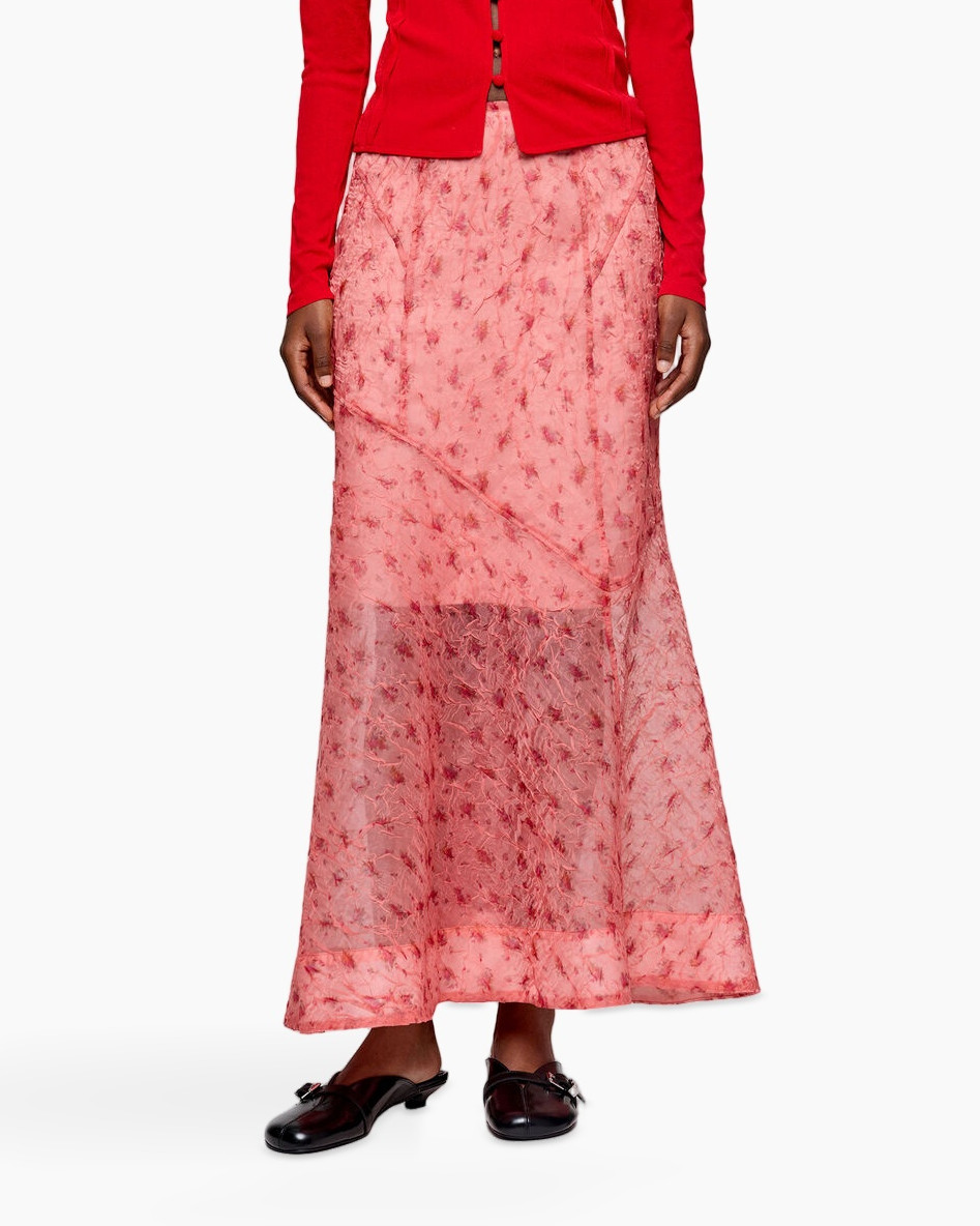 maxirok, kant, roze, enkellengte, slip-on schoenen