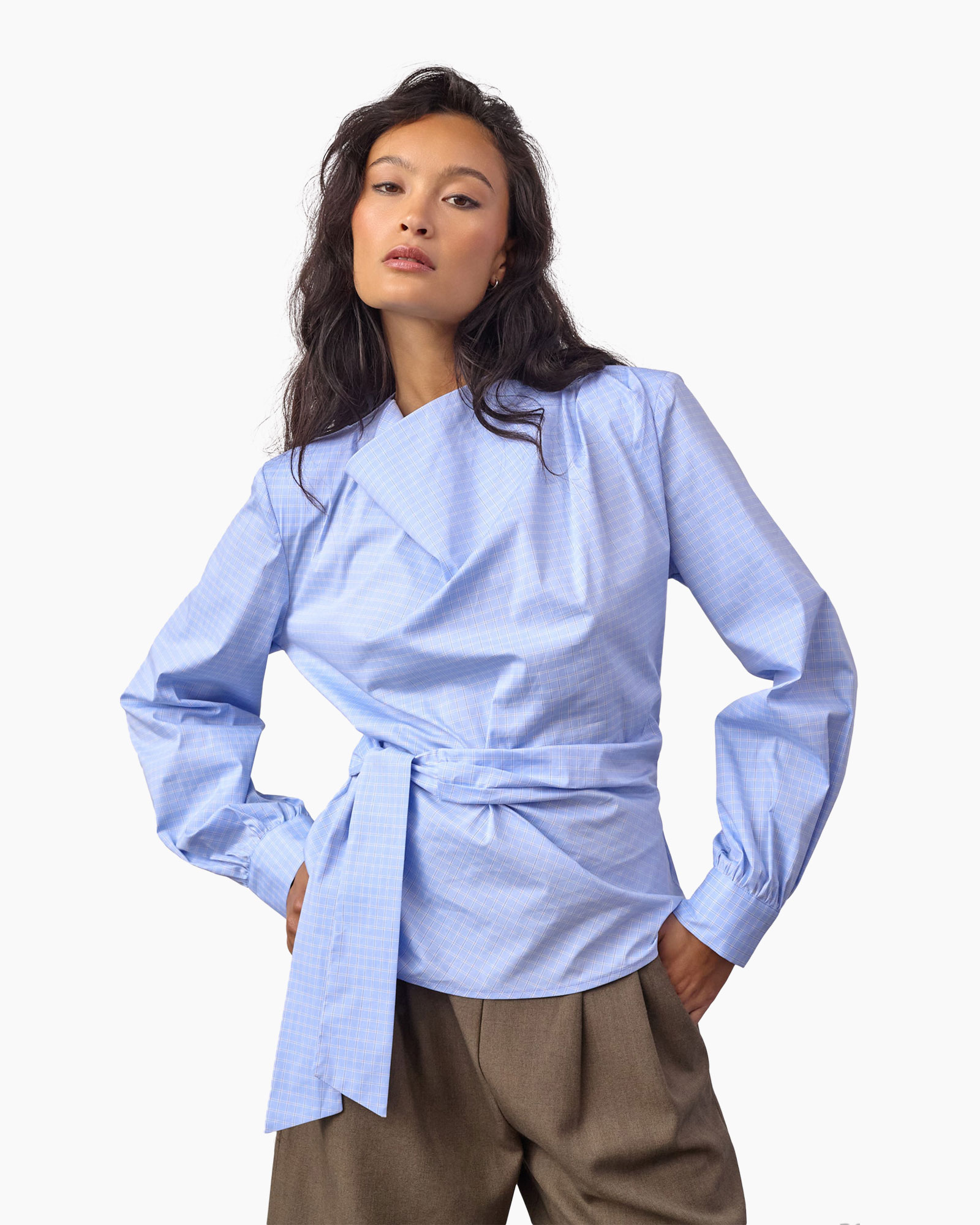 blouse, blouse wrap, lichtblauw, lange mouwen, riemceintuur